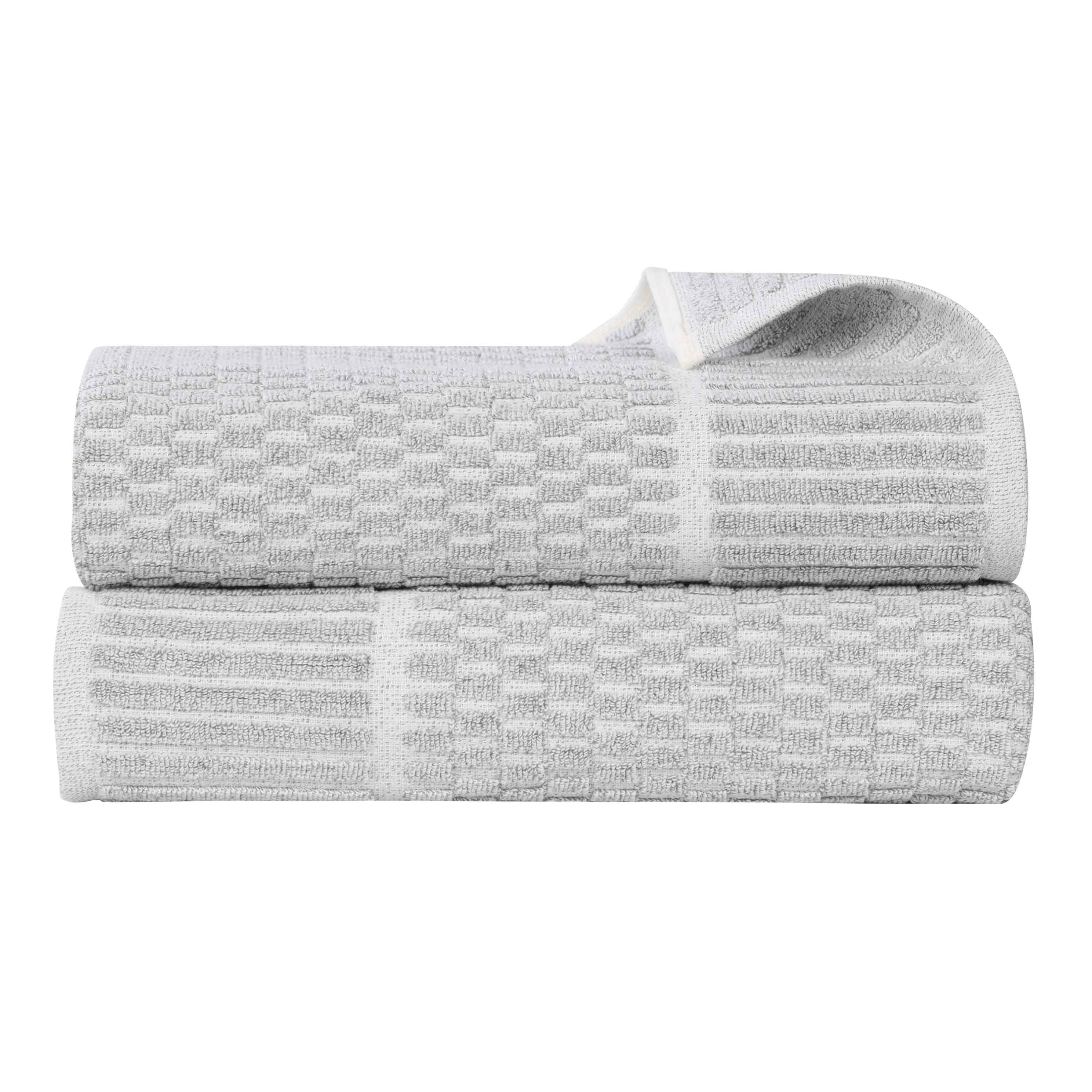 Premium Juno Cotton Blend Medium Weight Checkered Border Bath Towels - Ultra Absorbent & Soft, Set of 2 (Grey/White) | Luxury Bath Sheets for Spa, Hotel & Home Use
