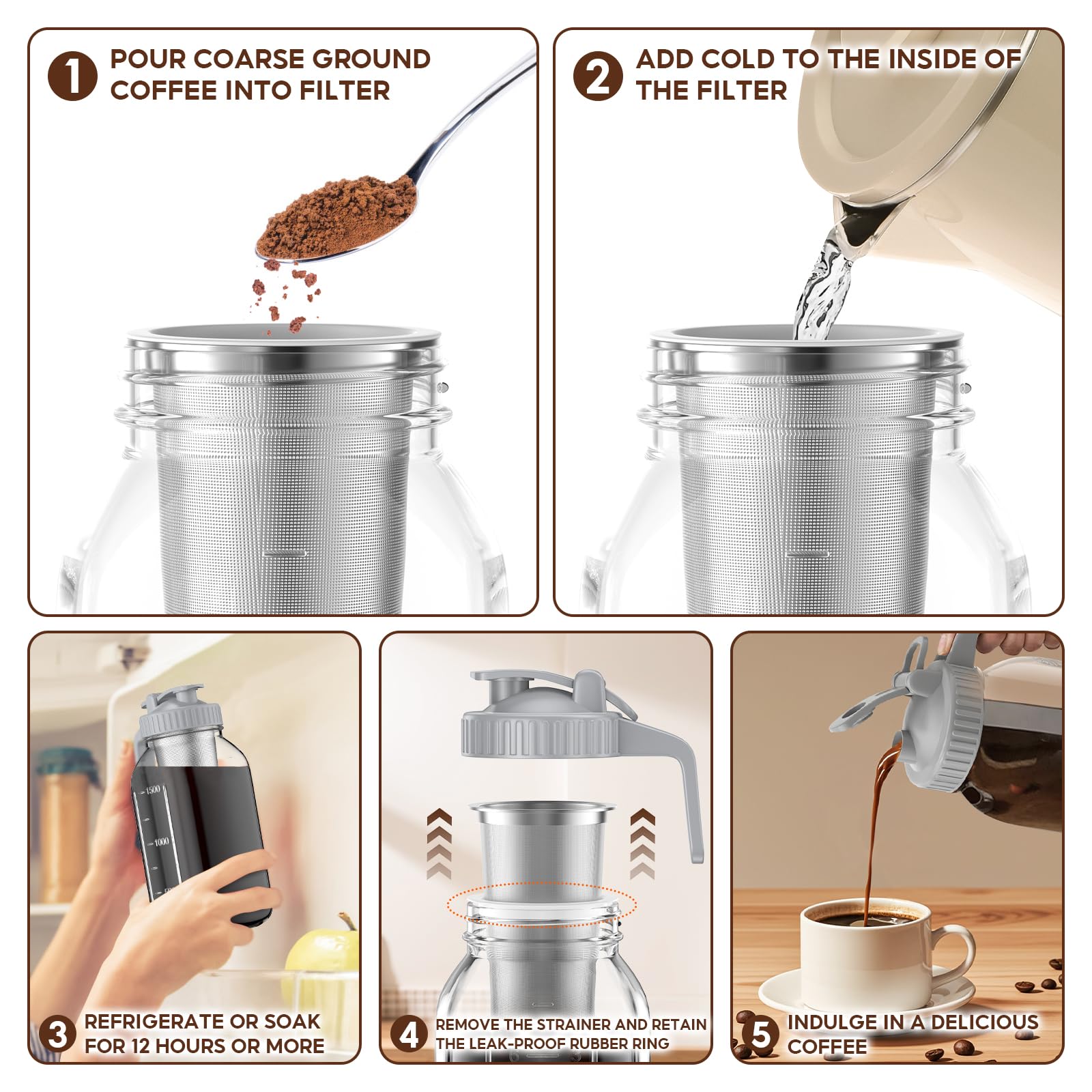 Premium Cold Brew Coffee Maker Set - 2 Pack 64oz Glass Jars with Stainless Steel Filter & Handle | Leak-Proof Iced Tea & Sun Tea Pitcher | Perfect for Home, Office & Outdoor Use