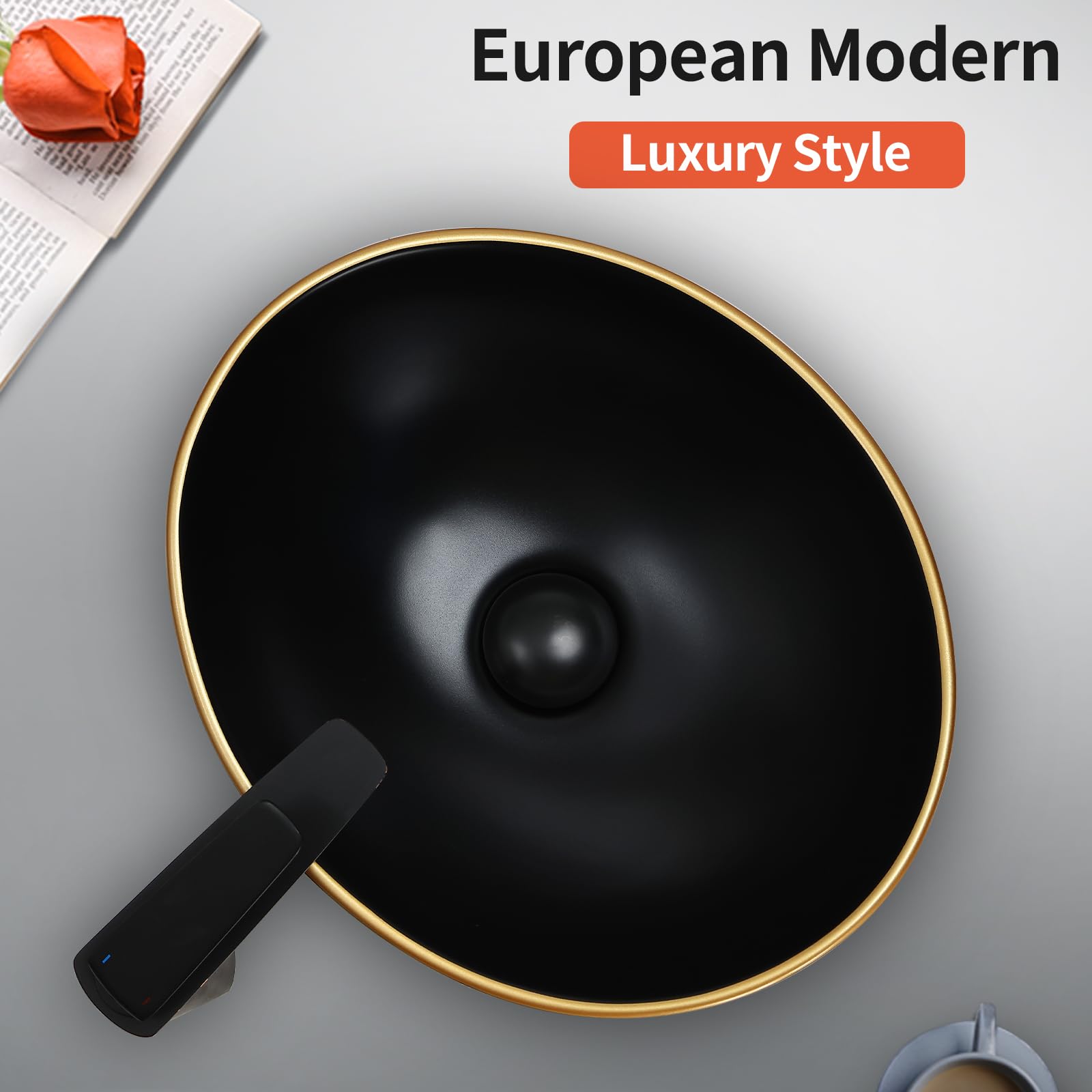 Matte Black Oval Vessel Sink with Gold Trim for Bathroom Countertop - Ceramic Above Counter Sink for Modern Bathrooms