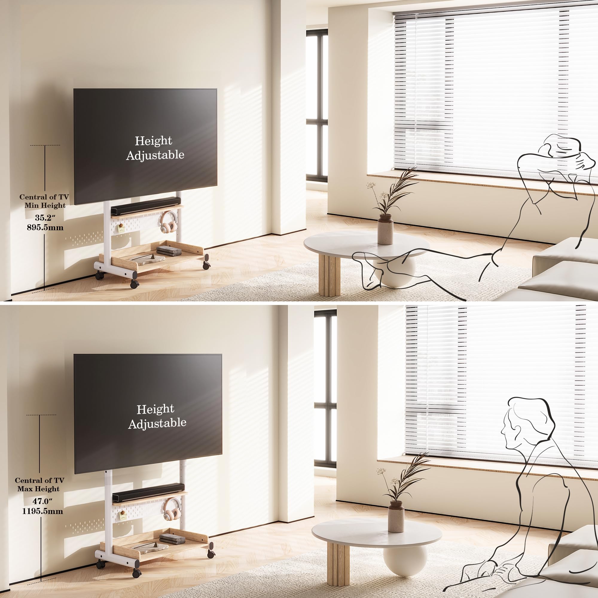 FITUEYES White TV Stand with Storage Wheels for 40-85 Inch LED LCD Flat Screen TVs - Corner Entertainment Center with Peg Board & Cabinet Storage - Perfect for Living Room, Bedroom or Home Theater Setup