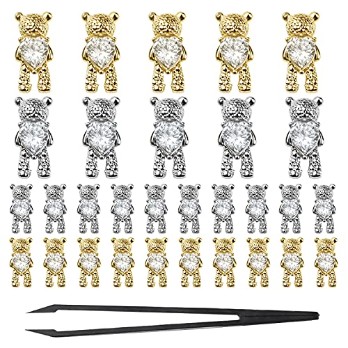 30 Pcs 3D Bear Nail Charms with Rhinestones & Heart Crystals - Gold & Silver Nail Art Decorations for Acrylic Nails, DIY Manicure, Gel Polish - Includes Tweezers - Perfect for Parties, Weddings & Nail Salon Designs