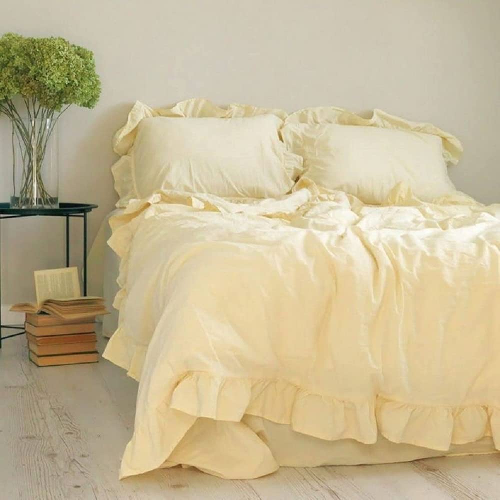 Pastel Yellow Ruffled Duvet Cover Set - Queen, King & Twin XL Bedding - Soft Custard Yellow Comforter Cover for Cozy Bedroom Decor | Perfect for Guest Rooms, Dormitories & Master Bedrooms