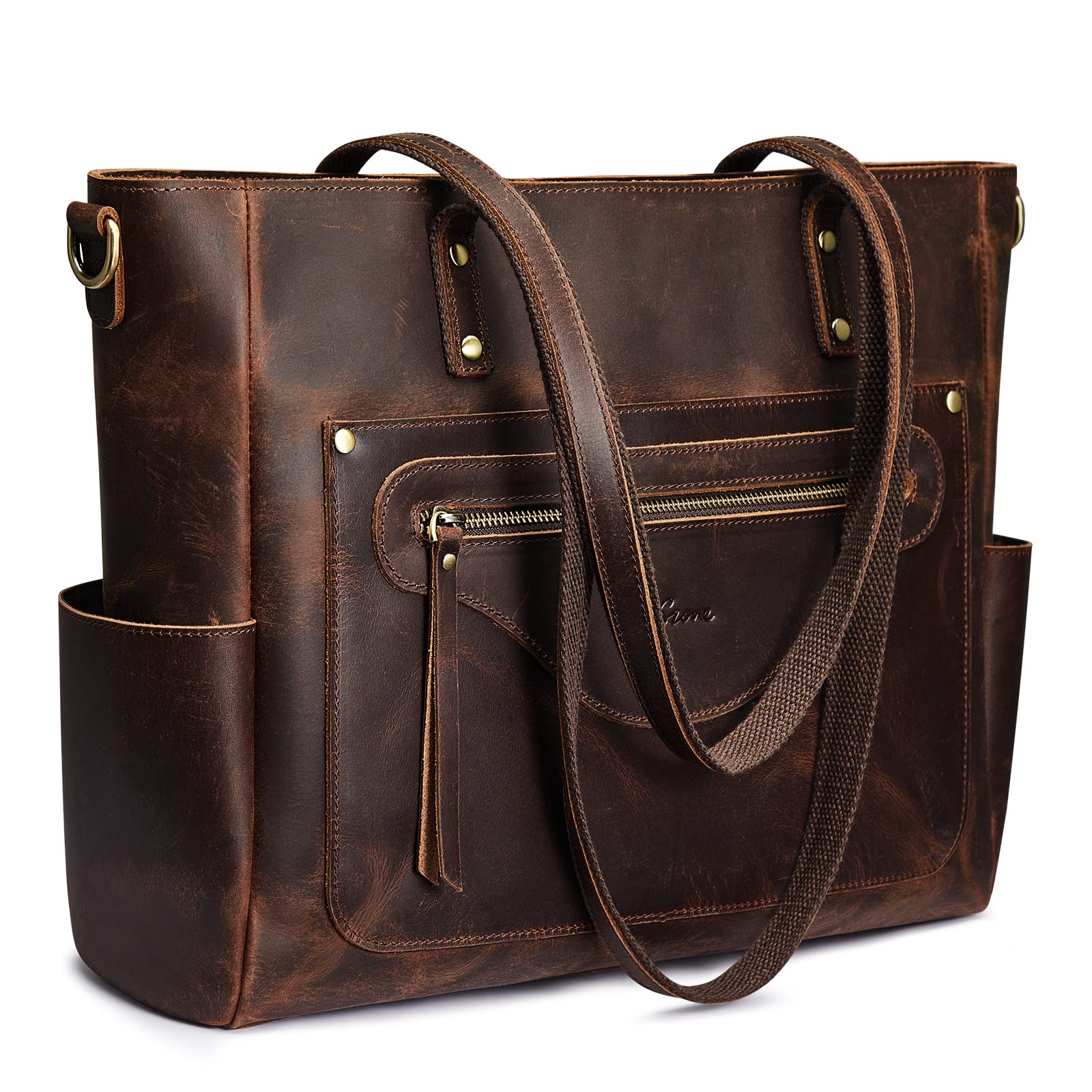 S-ZONE Genuine Leather Tote Bag for Women - Large Vintage Shoulder Purse & Crossbody Work Handbag - Perfect for Office, Travel and Everyday Use