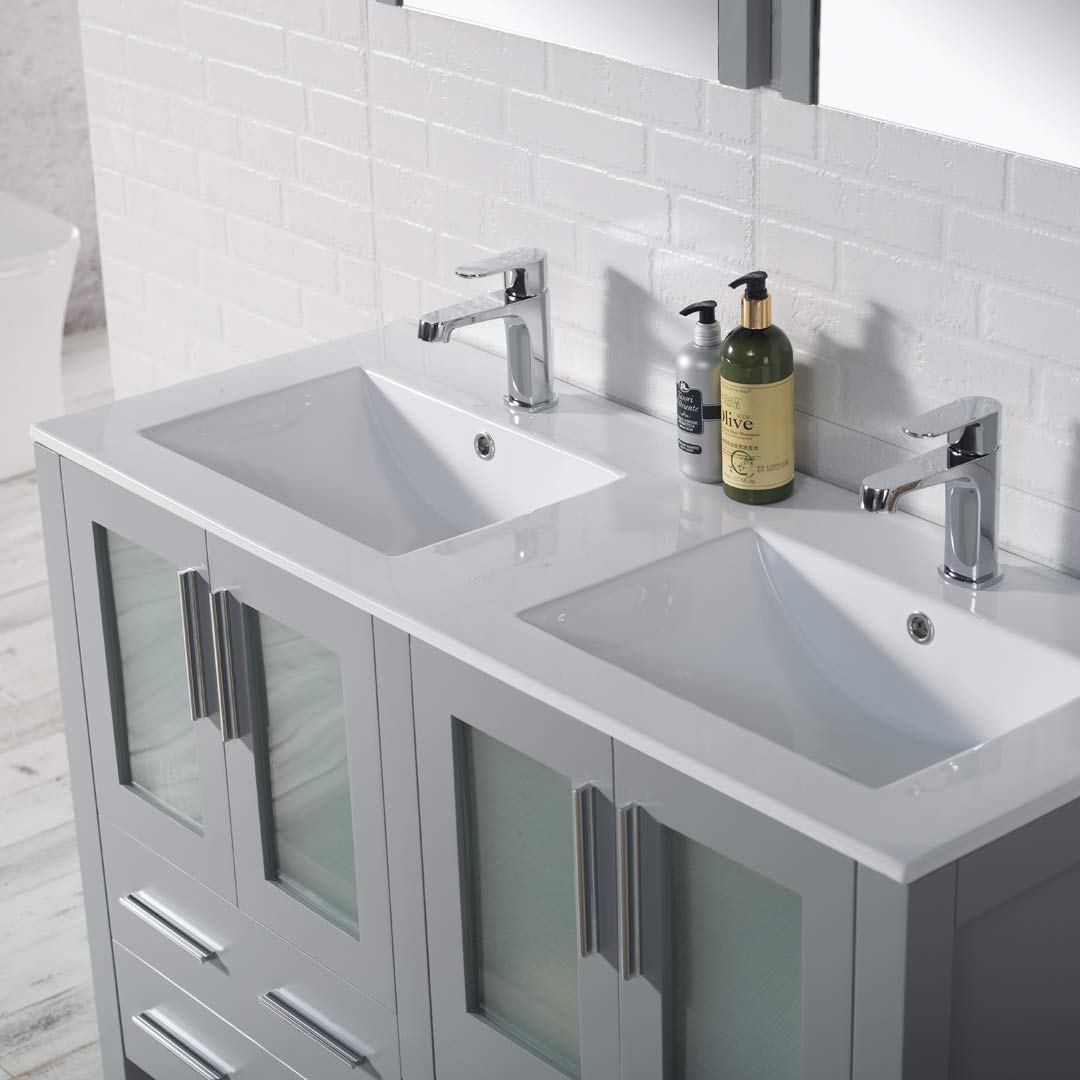 48-Inch All-Wood Single Bathroom Vanity with Ceramic Sink - Double Ceramic Top in Metal Grey | Modern Bathroom Storage Solution for Small Spaces, Powder Rooms & Guest Baths