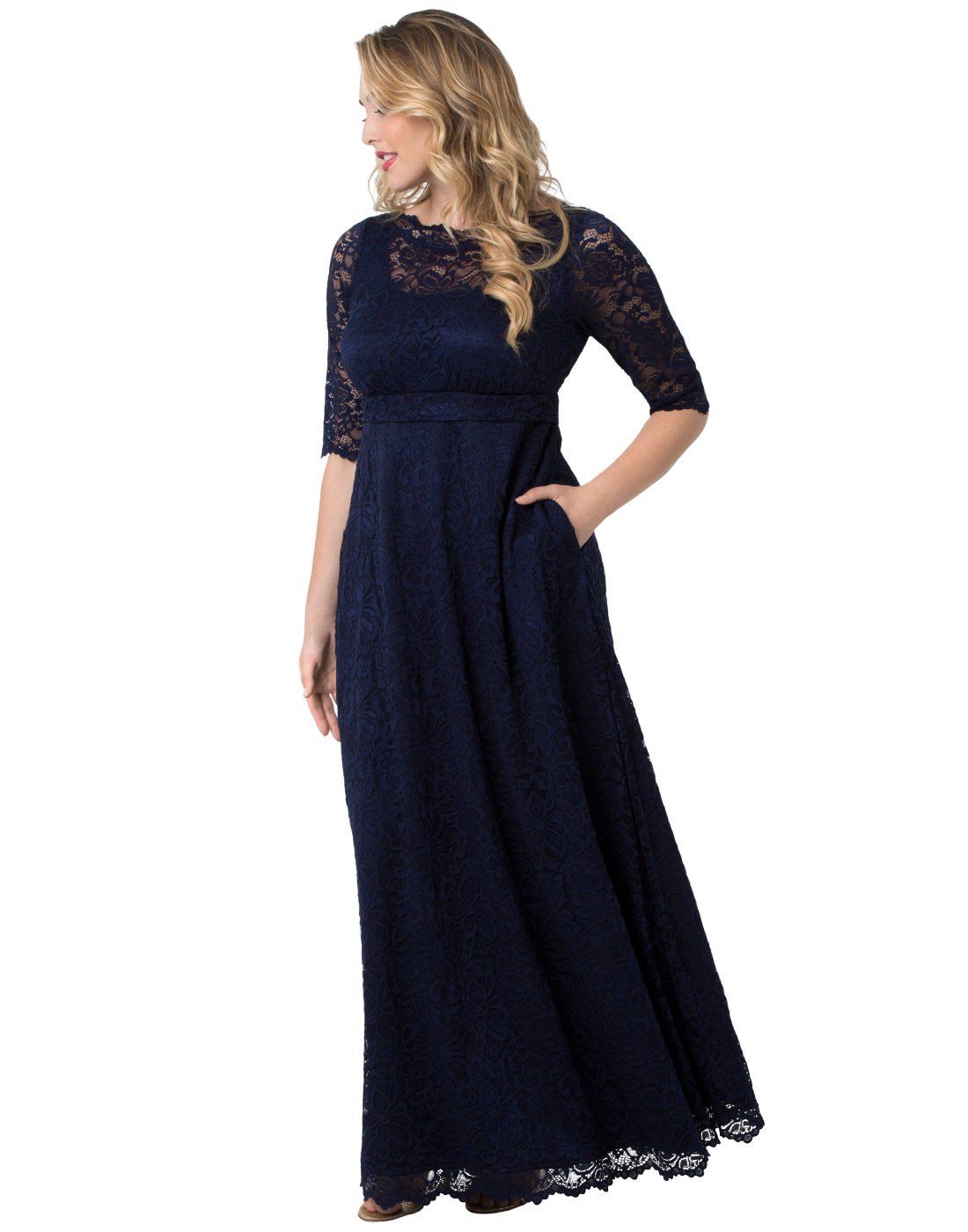 Kiyonna Women’s Plus Size Leona Lace Gown - Elegant Maxi Dress Formal Evening Ball Gown with Side Pockets for Wedding Guest, Prom, Cocktail Party & Special Occasions