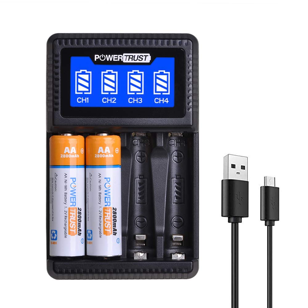 4-Pack 2800mAh AA Rechargeable Batteries with LCD USB Charger for AA/AAA Ni-MH Batteries | 4-Slot Fast Charging | Perfect for Cameras, Toys, Flashlights & Electronics