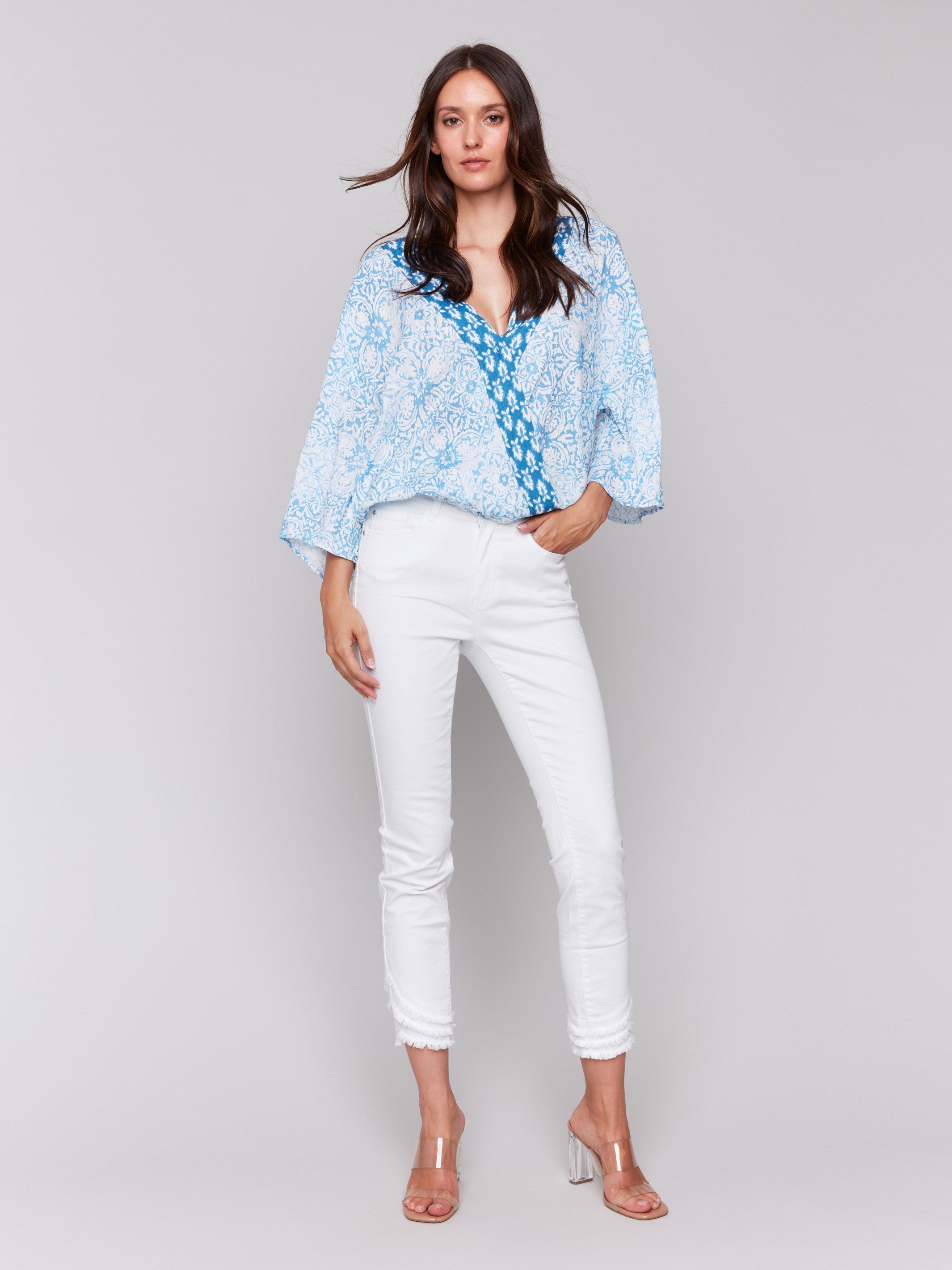 Stylish Printed Overlap Blouse in Denim - Perfect for Casual Outings, Office Wear & Date Nights