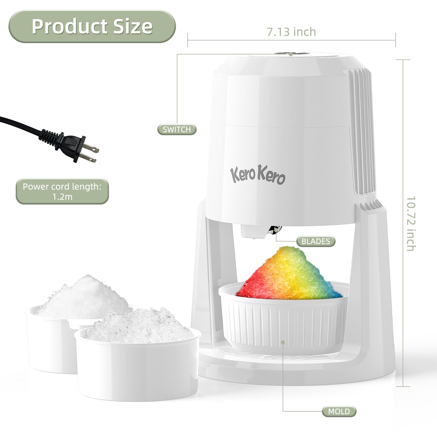Premium Kero Kero Snow Cone Maker Machine - Electric Shaved Ice Maker with 2 Reusable Ice Molds & Adjustable Blades for Fluffy or Crunchy Texture - Perfect for Snow Cones, Slushies, Margaritas, Cocktails & Party Drinks - Portable & Easy to Use White Ice Shaver for Home, Parties & Outdoor Events