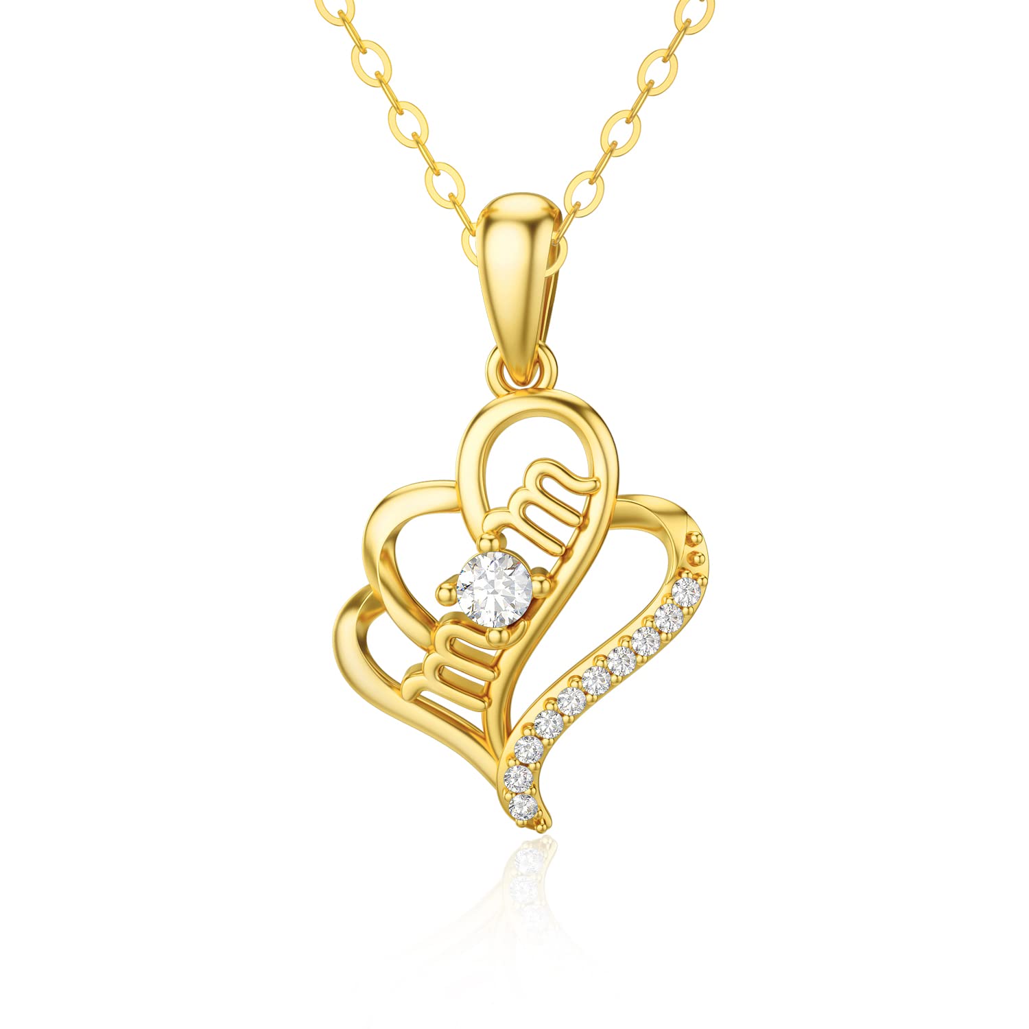14K Real Gold Heart Necklace for Women - I Love You Mom Pendant Jewelry Gift for Mother's Day, Wife, Grandma | 16+1+1 Inch Yellow Gold Chain | Perfect for Birthday, Anniversary & Special Occasions