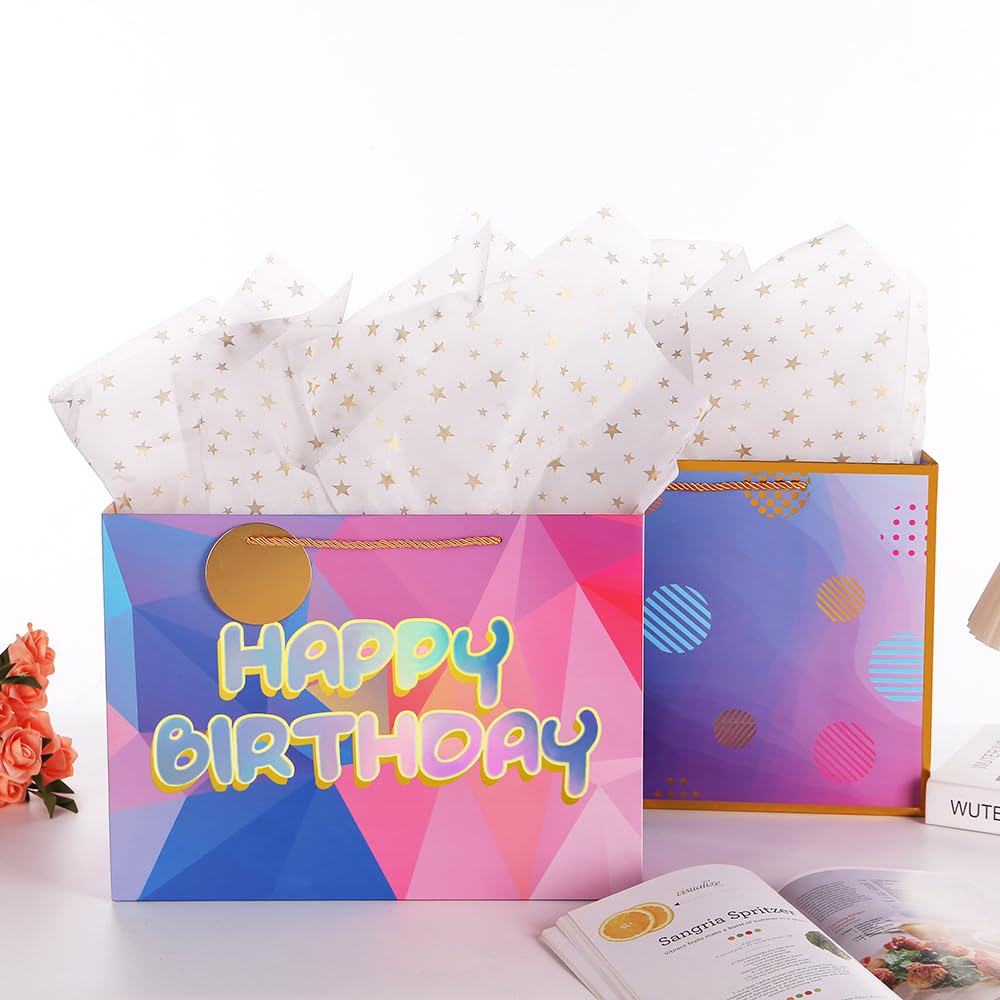 16 Inch Extra Large Happy Birthday Gift Bags with Tissue Paper & Cards - Premium Birthday Present Bags for Women, Girls & Kids - Perfect for Birthday Parties, Baby Showers & Special Occasions