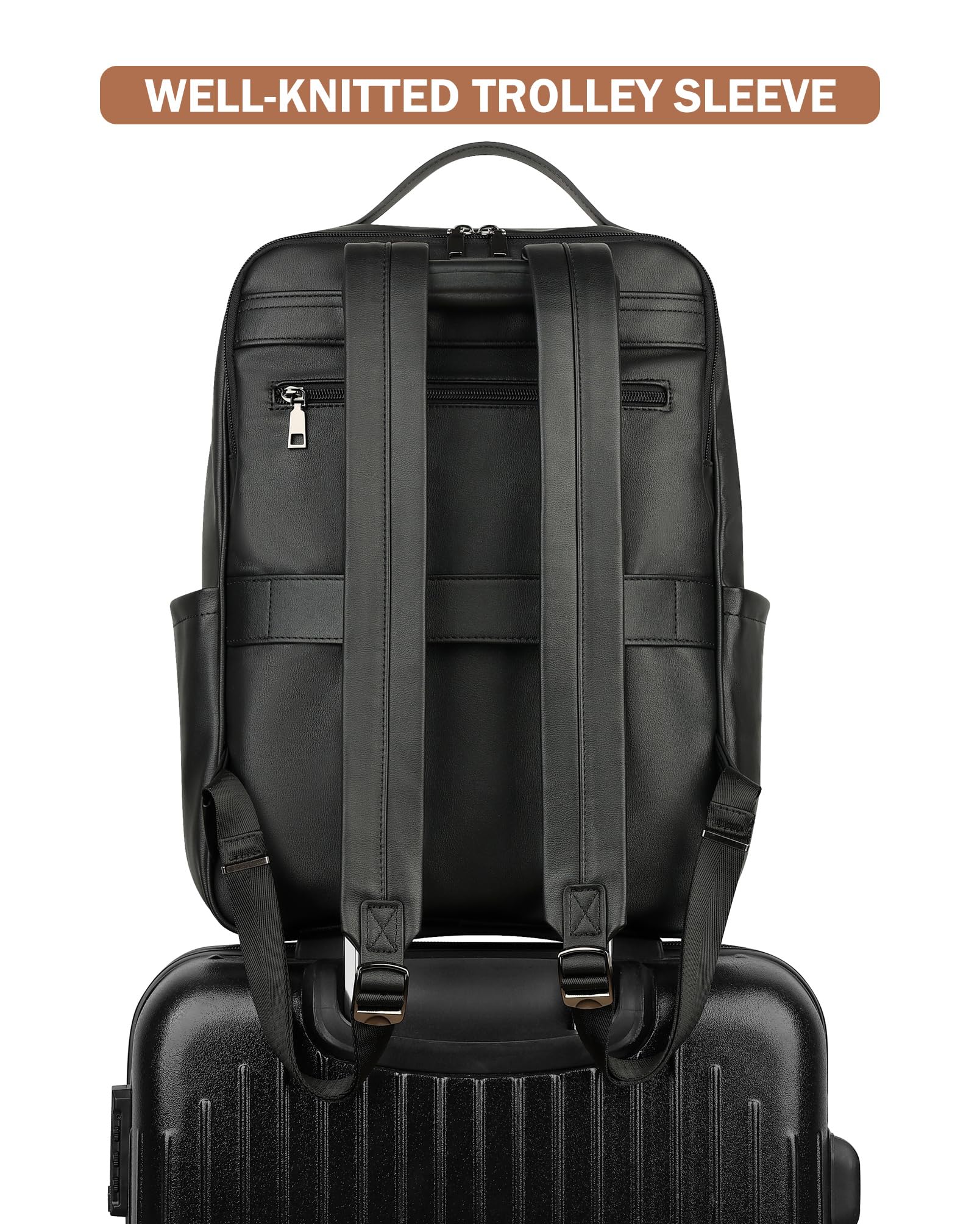 MASINTOR 15.6 Inch Women's PU Leather Laptop Backpack - Large College School Bag, Travel Backpack for Work & Commuting - Stylish Black Casual Purse for Daily Use, Business Trips & Campus Life