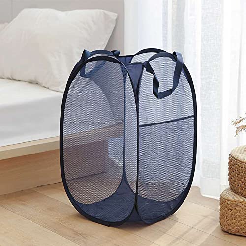2 Pack Foldable Mesh Laundry Baskets with Reinforced Handles - Pop-Up Design for Easy Storage, Blue - Perfect for Laundry Room, Dorm, or Travel Use