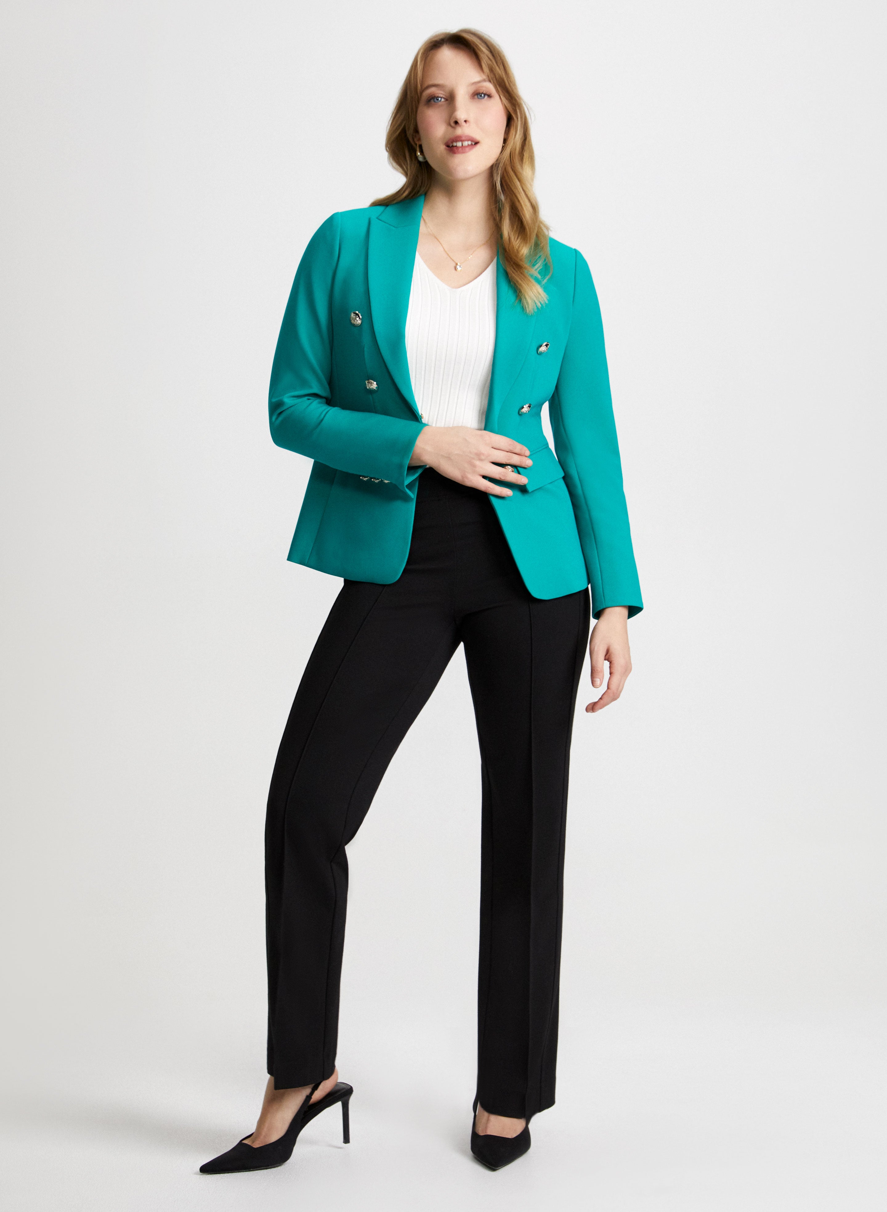 Stylish Decorative Button Blazer & Comfortable Pull On Pants Set for Women - Perfect for Office Wear, Business Meetings and Casual Outings
