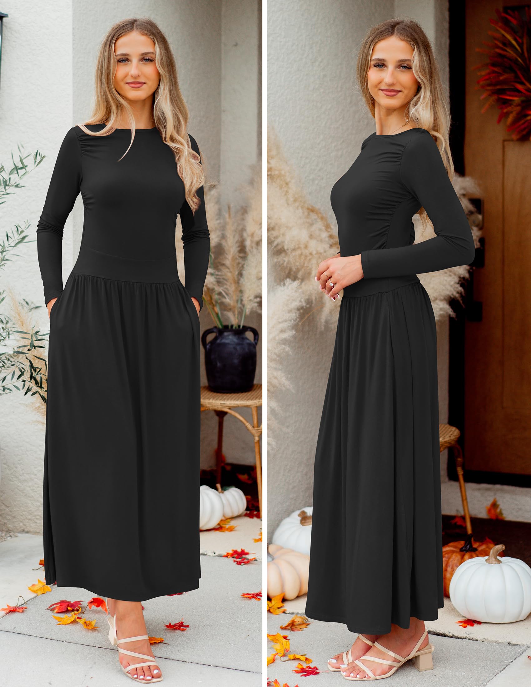 ZESICA Women's Long Sleeve Maxi Dress 2025 - Crewneck Knit Casual Swing Dress with Pockets | Spring Summer Slim Pleated Midi Dress for Beach, Party & Office Wear