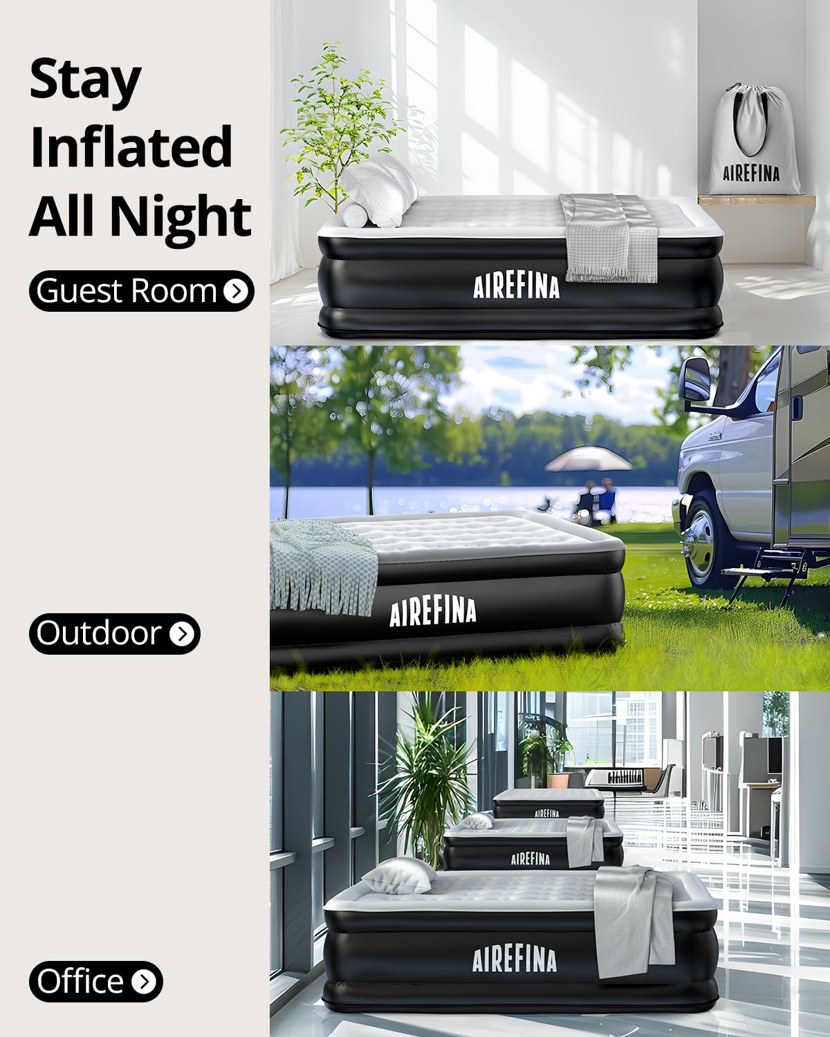 **Airefina Queen Air Mattress with Built-in Pump - Comfortable Blow Up Bed for Home, Travel & Camping - Fast 3-Min Inflation/Deflation - Includes Portable Carrying Bag - Perfect for Guests, Sleepovers & Outdoor Adventures**