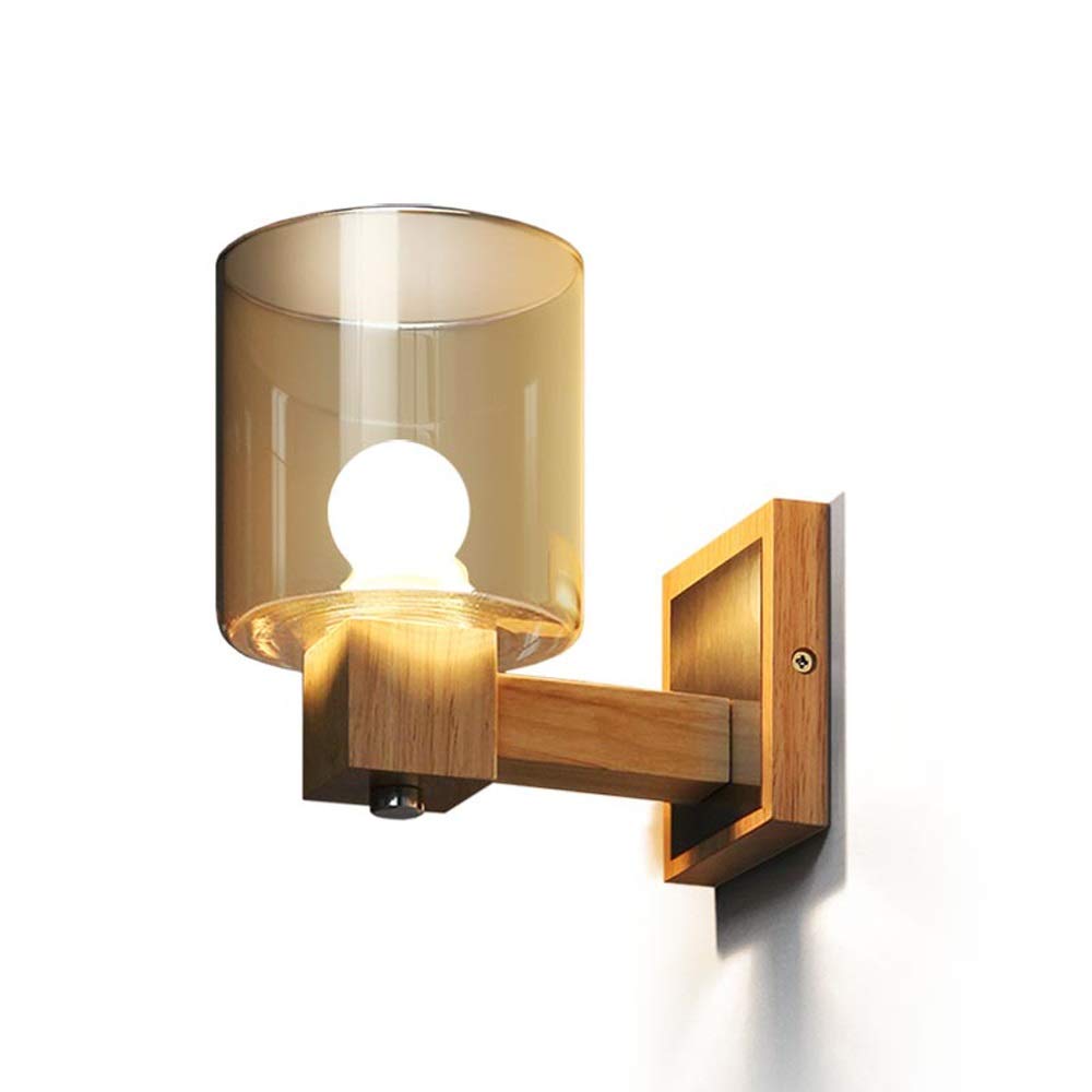 PEHUB Simple Glass Solid Wood Wall Lamp - Creative Rustic Bedside Lighting Fixture with E27 Socket for Living Room, Bedroom, Hallway - Perfect for Cozy Ambiance & Night Reading