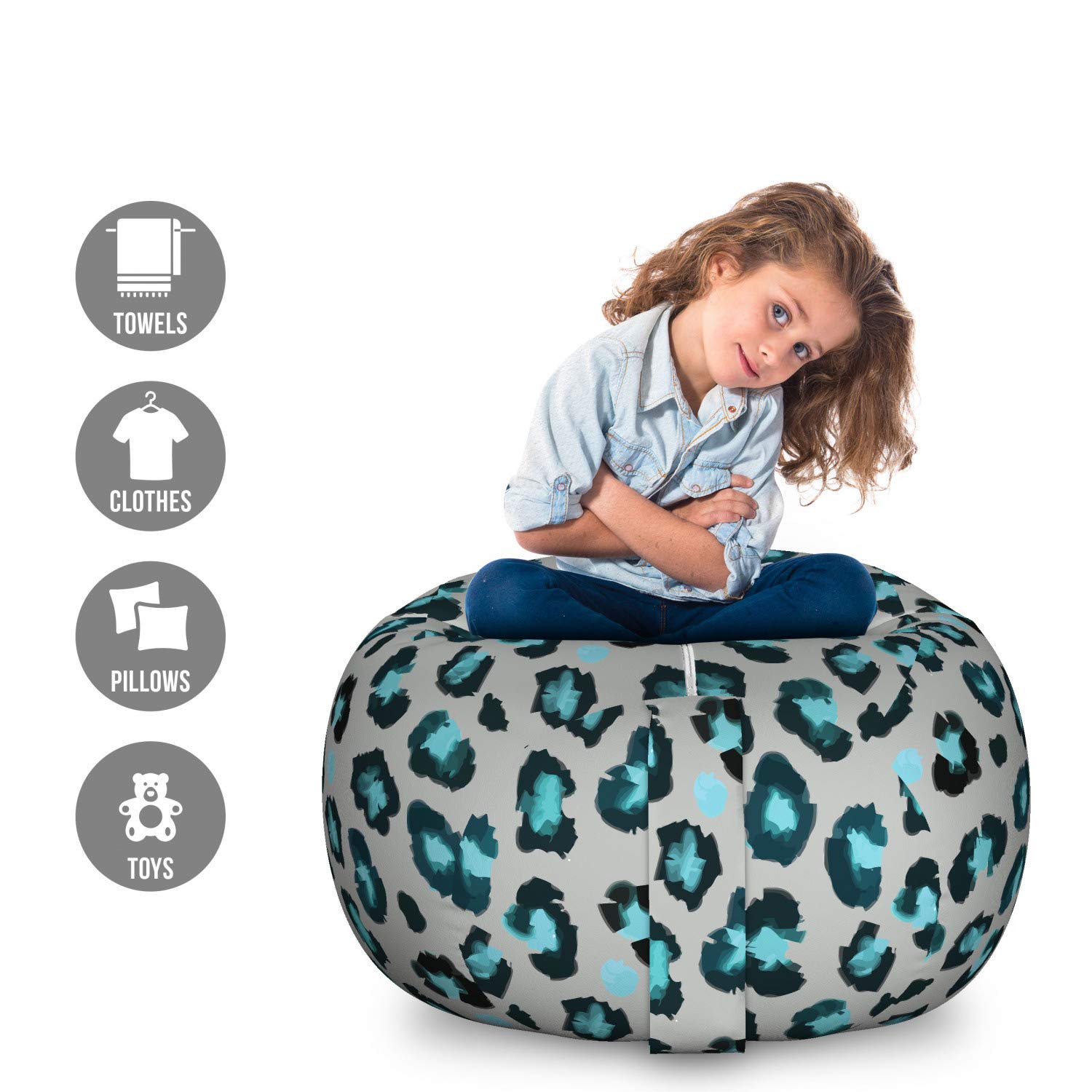 Ambesonne Leopard Print Storage Toy Bag Chair - Large Washable Stuffed Animal Organizer with Stain-Resistant Design in Dimgray Teal - Perfect for Kids' Room, Playroom & Nursery Organization