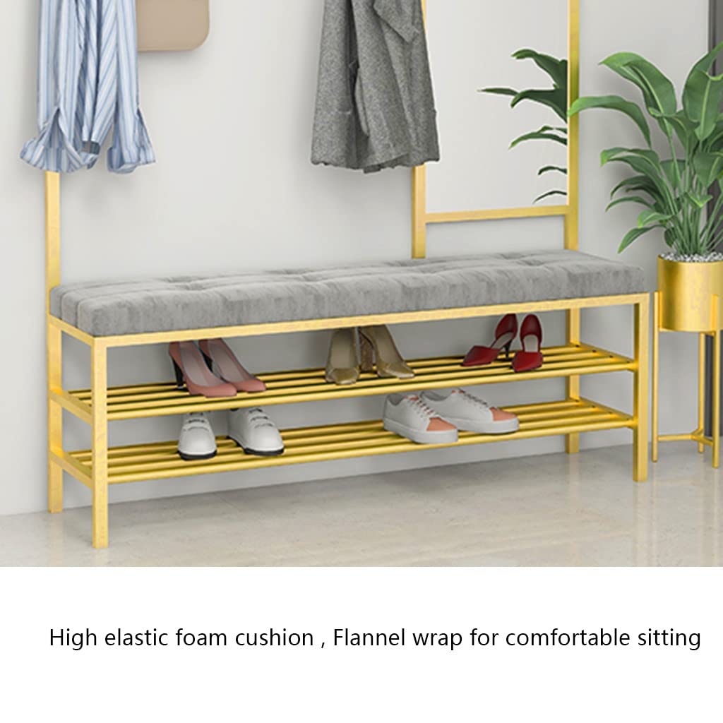 3-in-1 Hall Tree Coat Rack with Shoe Bench & Storage Shelf - Wrought Iron Entryway Organizer with Hooks (Gold, 120x30x175cm) - Perfect for Small Spaces, Apartments & Mudroom Organization - Easy Assembly Home Decor