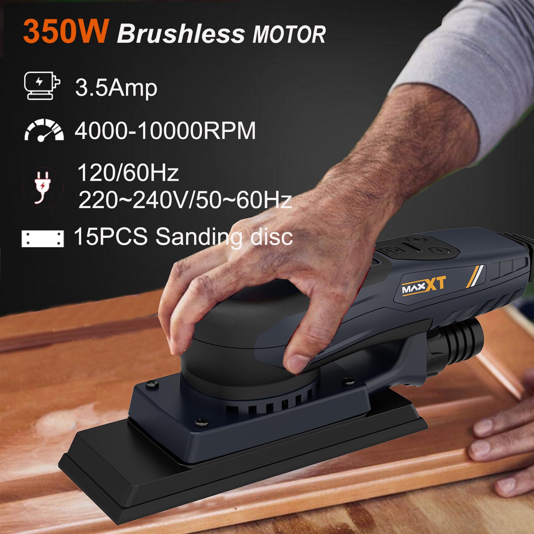 350W MAXXT Sheet Sander with 15 Dust-Free Sandpapers - 3.0mm Finishing Sander, Brushless Motor, 7-Speed Adjustable (4000-10000 RPM) for Woodworking - Perfect for Furniture Refinishing & DIY Projects (7.8 x 2.7 Inch)