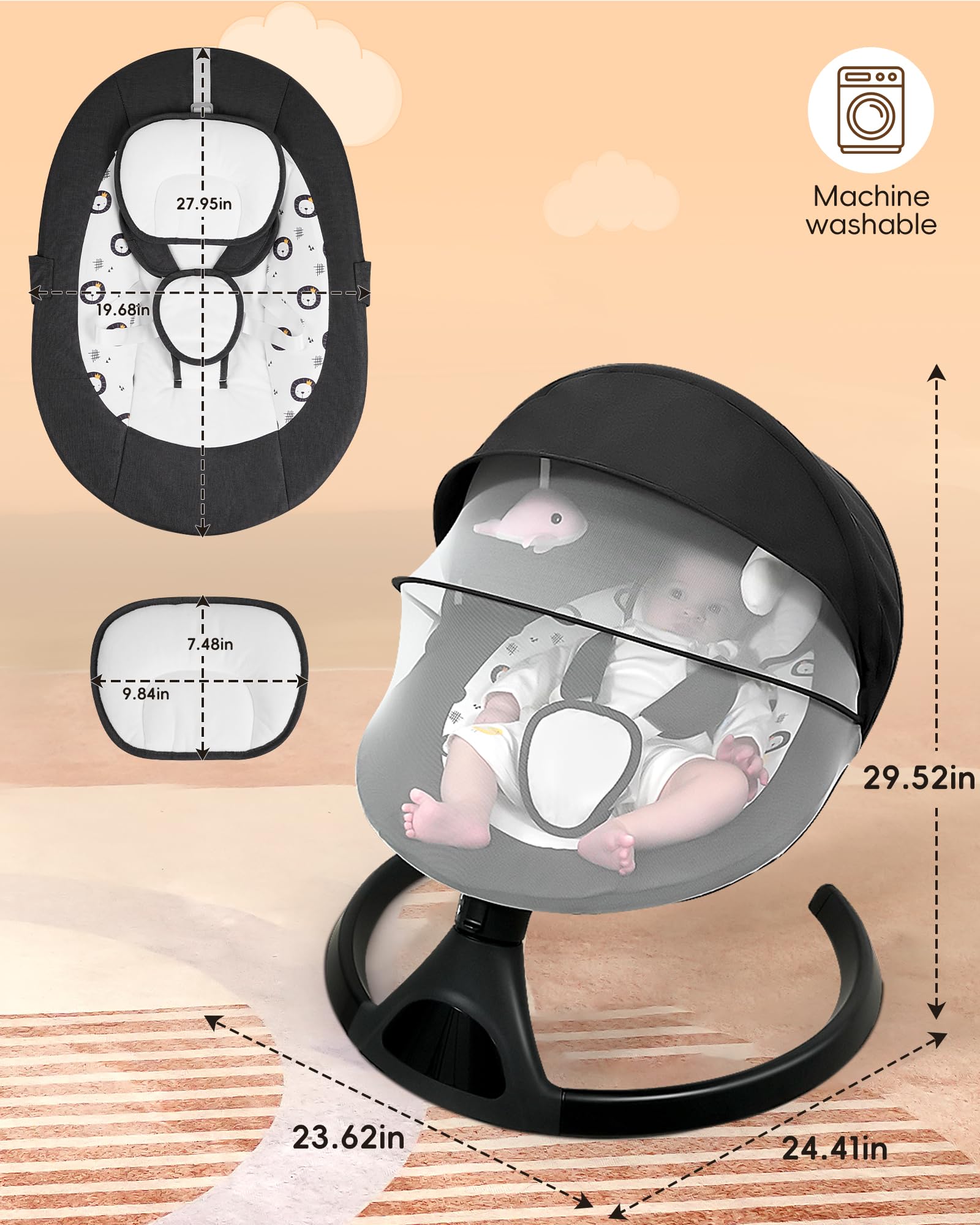 Electric Baby Swing for Infants & Toddlers - Portable Infant Swing with 5 Speed Settings, Bluetooth Speaker, Touch Screen & 10 Lullabies - 5-Point Safety Harness - Perfect for Nursery, Bedtime & Travel Use