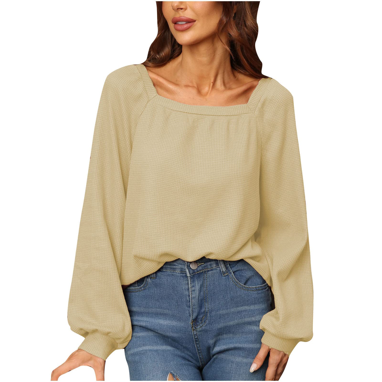 Women's Square Neck Waffle Knit Long Sleeve Tunic Top - Casual Loose Fit Blouse for Everyday Wear | Perfect for Work, Date Night & Weekend Outfits
