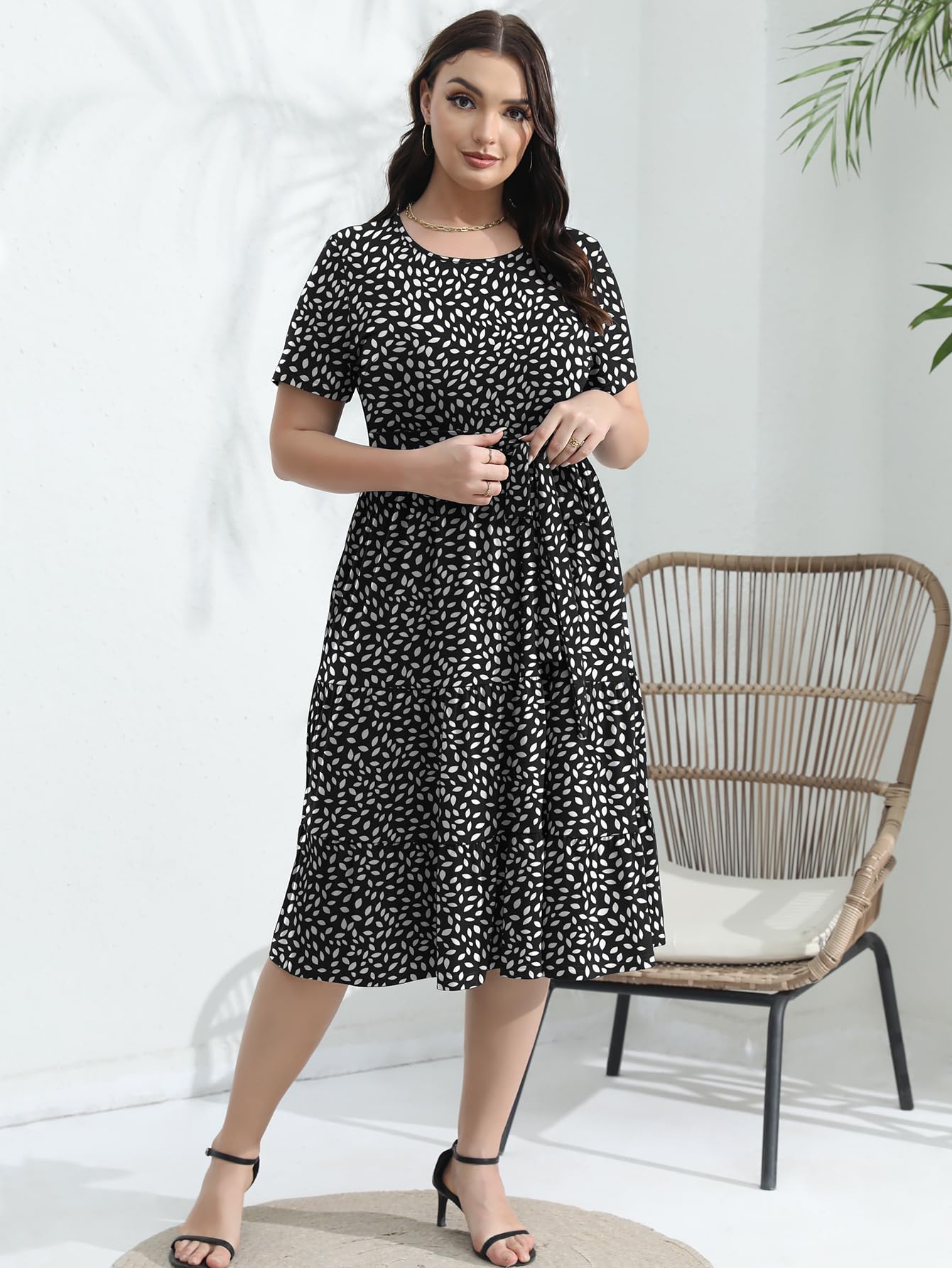 Elegant Plus Size Floral Midi Dress for Women 2025 - Tiered Flowy Modest Wedding Guest Dress with Belt & Pockets | Perfect for Bridal Showers, Garden Parties & Formal Events