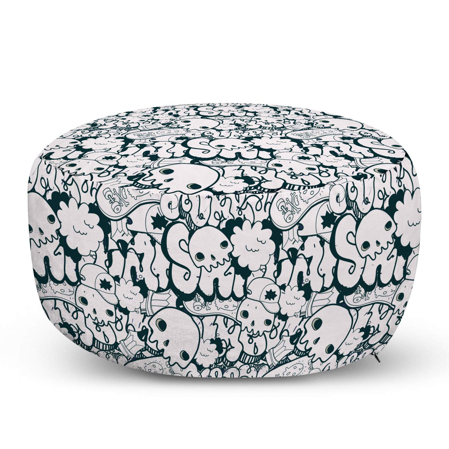 Ambesonne Teen Pouf Cover with Zipper - Skull & Skateboard Graffiti Design, Charcoal Grey & White, 30x17.3 Inch - Soft Decorative Fabric Unstuffed Case for Bedroom, Dorm, or Lounge Decor