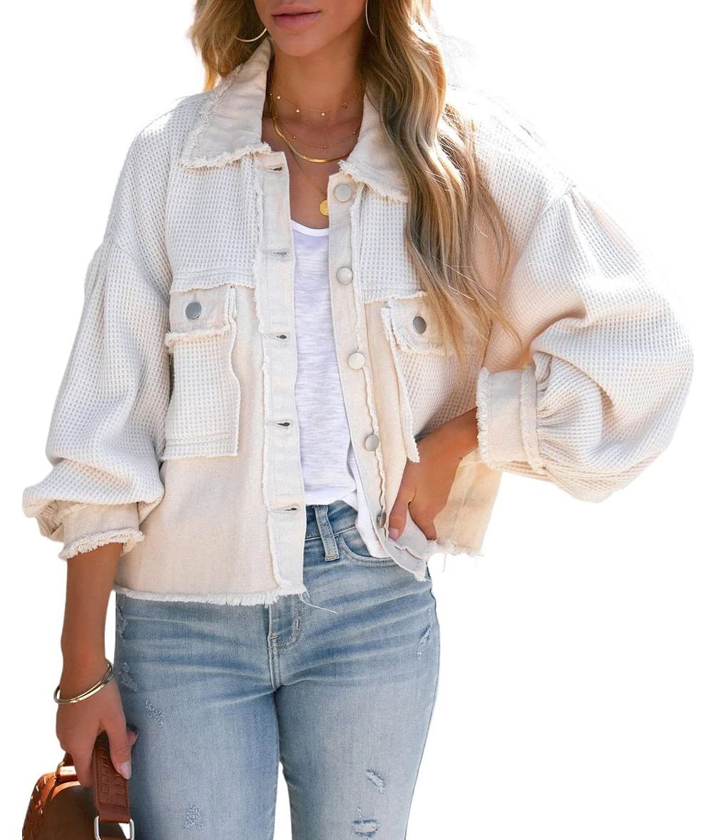 CHARTOU Women's Oversized Waffle Knit Shacket - Cropped Color Block Denim Patchwork Blouse Shirt for Casual Outfits & Fall Layering