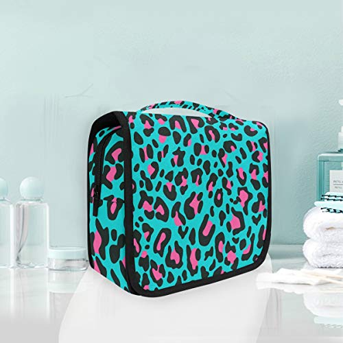 Foldable Hanging Toiletry Bag for Women - Pink Spots & Blue Leopard Print Cosmetic Organizer | Travel Makeup Case | Perfect for Bathroom, Gym, and Vacation Essentials Storage