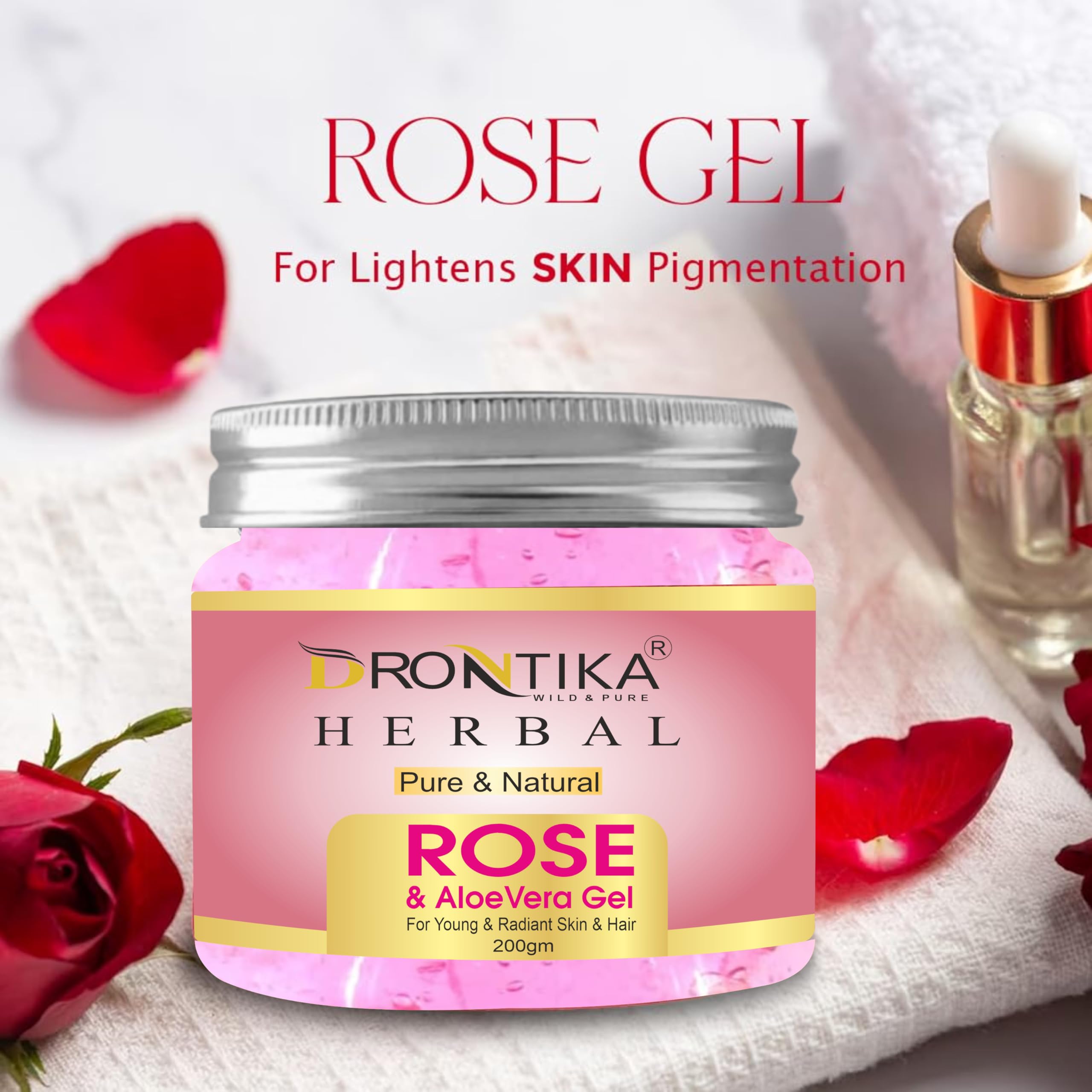 Drontika Herbal Rose Multipurpose Gel for Skin & Hair Care - Hydrating & Soothing with Hyaluronic Acid, Hibiscus, Aloe Vera & Rose Extract | Vegan, Cruelty-Free, 200g | Perfect for Dry Skin, Hair Mask & After-Sun Care