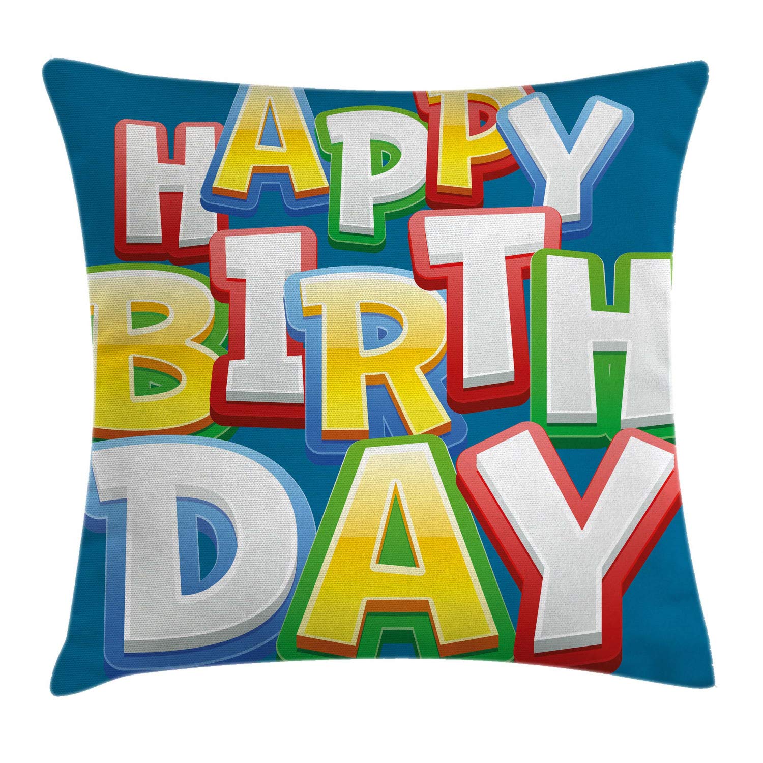 Ambesonne Happy Birthday Throw Pillow Cover - 36x36 Inch Rainbow Typography on Blue Background, Decorative Square Cushion Case for Birthday Party Decorations | Perfect for Living Room, Bedroom & Special Occasion Gift
