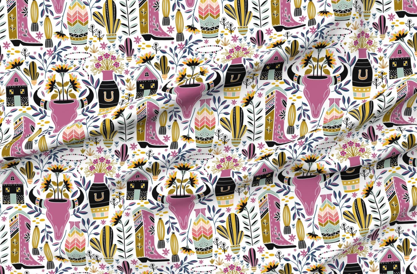 Sunflower & Cactus Printed Chiffon Fabric Fat Quarter - Western Boots Floral Design for Sewing, Fashion Apparel, Dresses & Home Decor - Perfect for DIY Crafts, Quilting, and Bohemian Style Decorations
