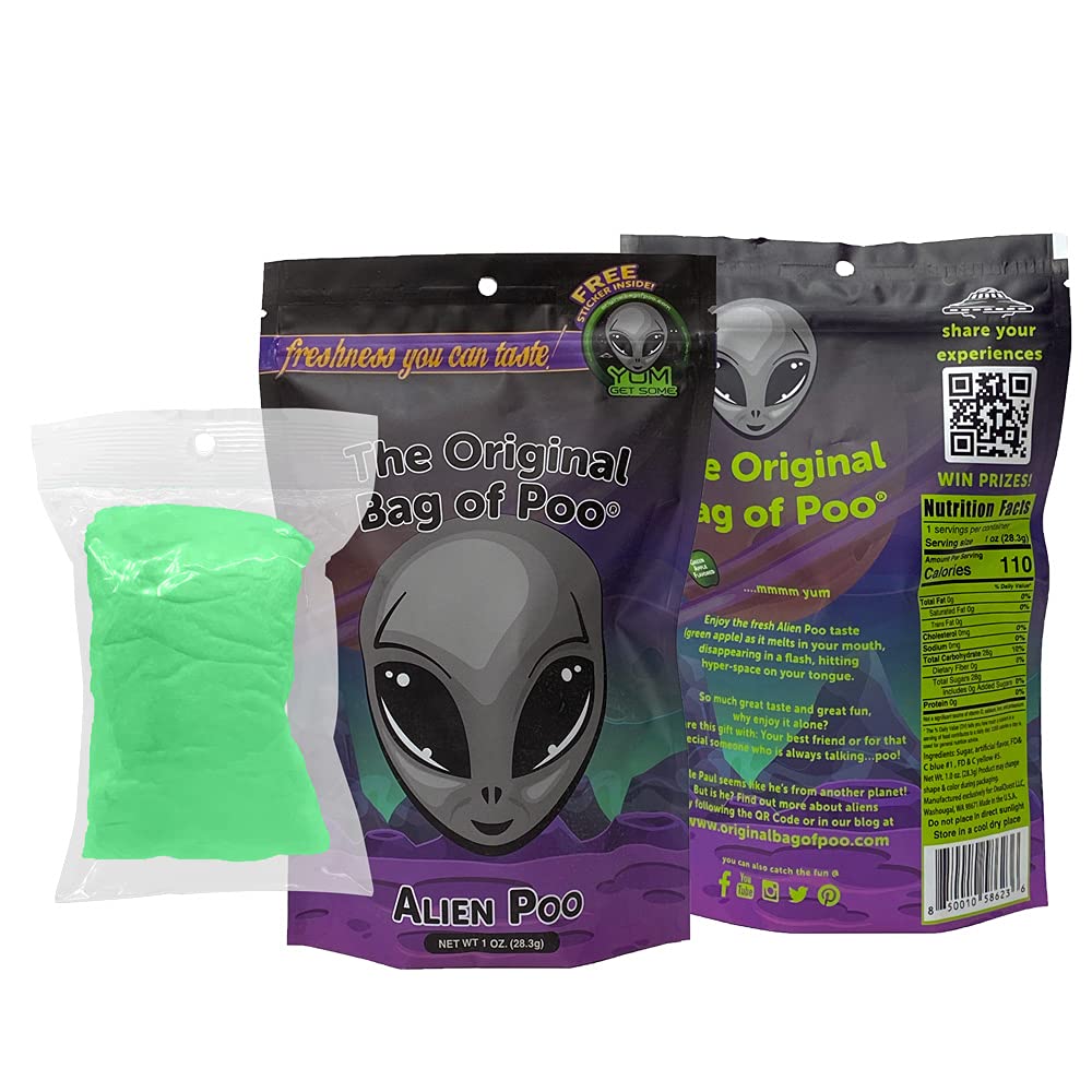 Alien Poo Novelty Gag Gift - Green Apple Flavored Cotton Candy (1 oz Bag) | Funny Prank Gift for Parties & Halloween | Includes FREE Sticker