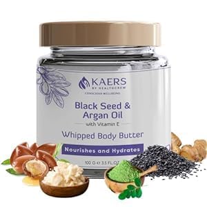 Luxurious Whipped Body Butter with Black Seed & Argan Oil - Vitamin E Enriched Moisturizing Cream for Hydrated, Nourished Skin - 100g (Pack of 1) | Perfect for Dry Skin Care, Night Routine & Spa Day Self-Care