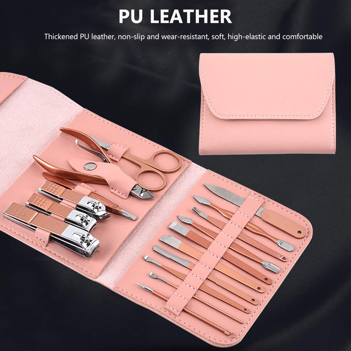 16-Piece Nail Grooming Kit - Professional Nail Clippers, Cuticle Cutter, Nail File & Fine Tooth Comb - Rose Gold Travel Manicure Set for Home & Salon Use