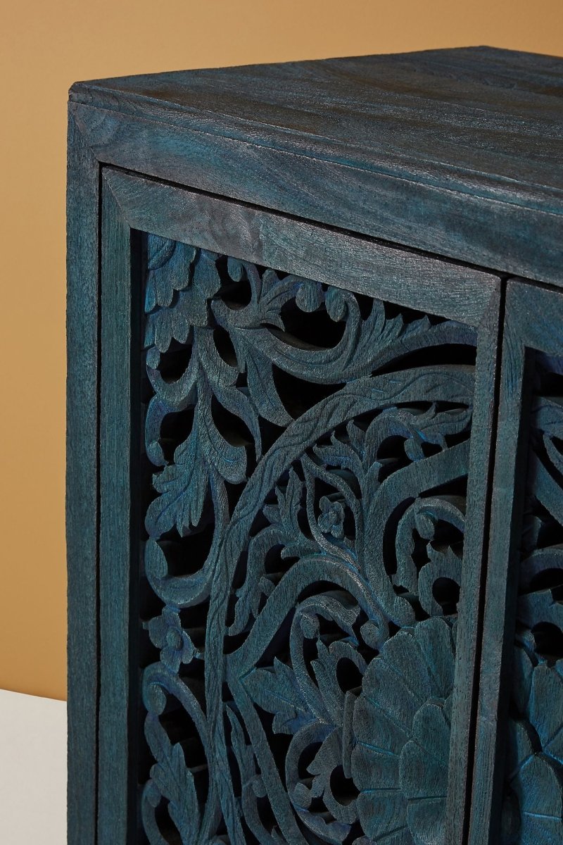 Hand Carved Lombok Entryway Cabinet in Indigo Blue - Solid Wood Storage Unit with 3 Shelves for Hallway, Living Room & Bedroom Organization