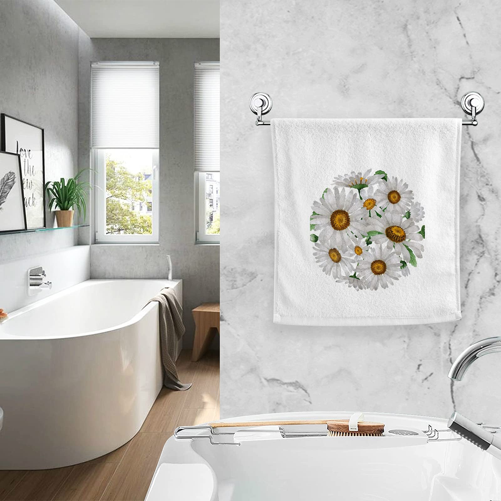 ALAZA Daisy Chamomile Floral Bath Towels Set of 2 - 100% Cotton Hand Towels 16x30 Inches, Super Absorbent & Skin-Friendly for Bathroom, Kitchen, Spa & Guest Use
