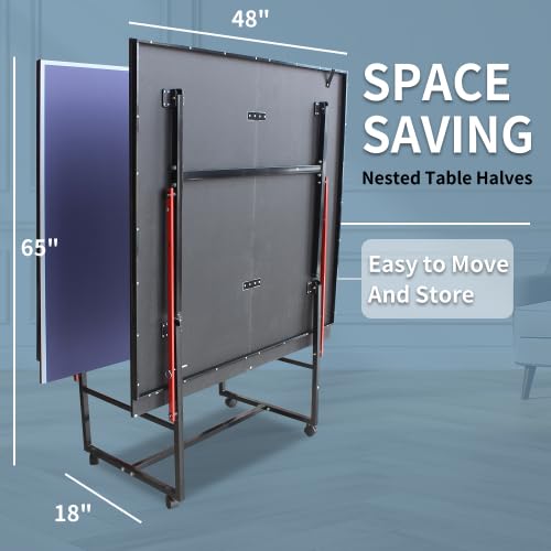 Regulation Size Folding Ping Pong Table with 2 Paddles & 3 Balls | Portable Indoor/Outdoor Table Tennis Set with Net & Wheels | Perfect for Home, Office, Backyard & Game Room (Blue)