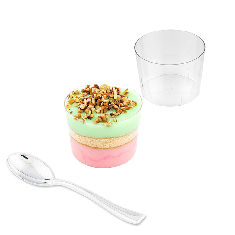 100 Pack 6 oz Clear Plastic Cylindrical Cups with 100 Silver Mini Spoons - Perfect for Parties, Events, and Dessert Serving