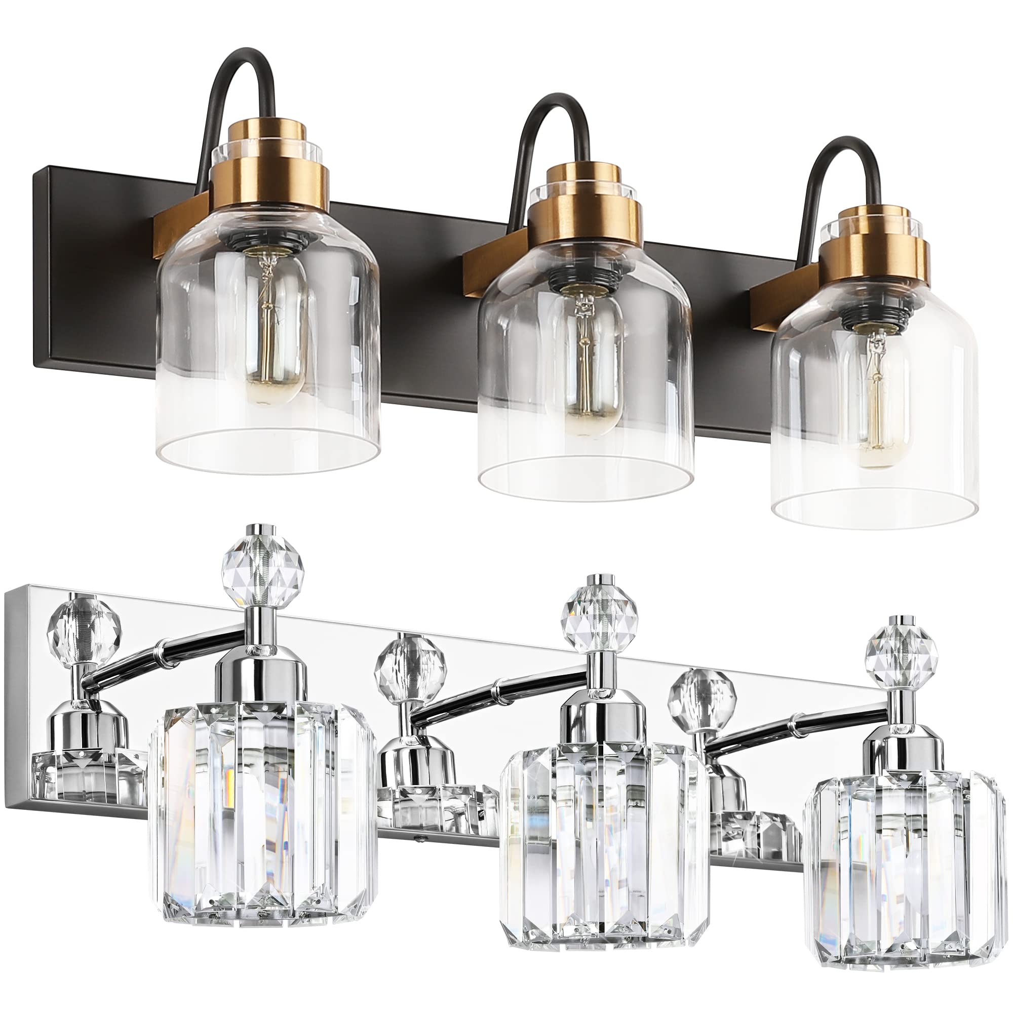 Vintage Chrome 3-Light Crystal Bathroom Vanity Fixture - Modern LED Bathroom Lighting for Vanity Mirror, Powder Room & Master Bath Decor