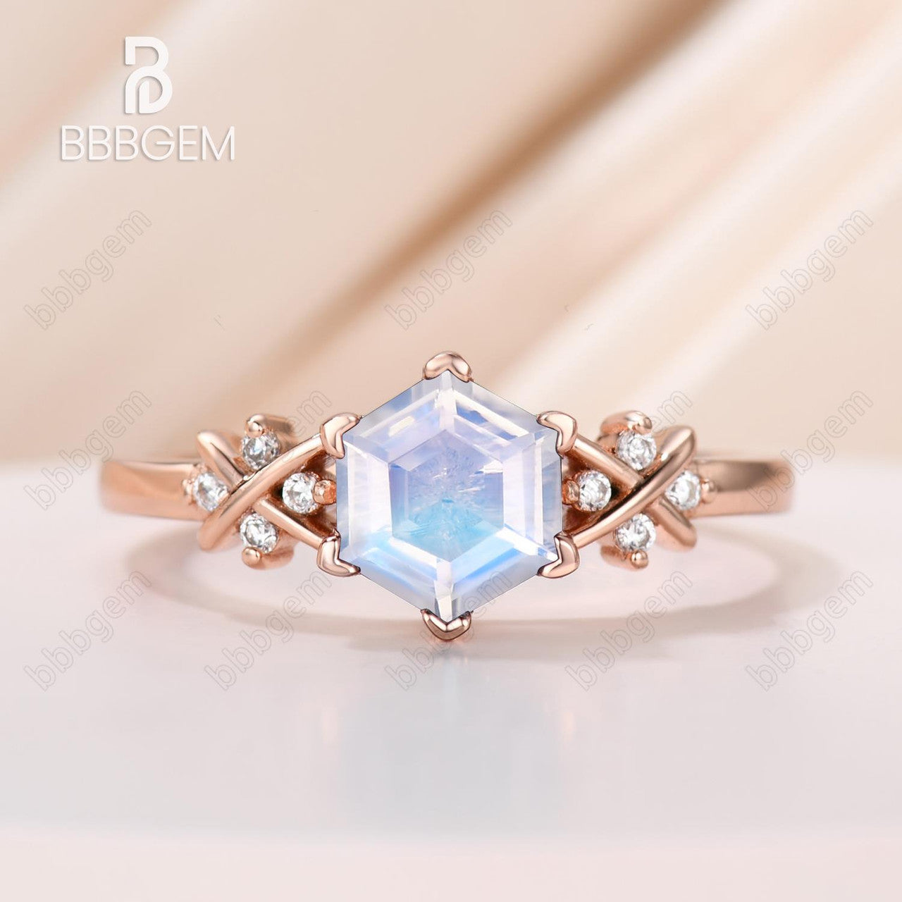 Art Deco Hexagon Moonstone Engagement Ring - Rose Gold Solid Vintage Wedding Band for Women, Perfect for Bridal, Anniversary, and Boho Jewelry Lovers