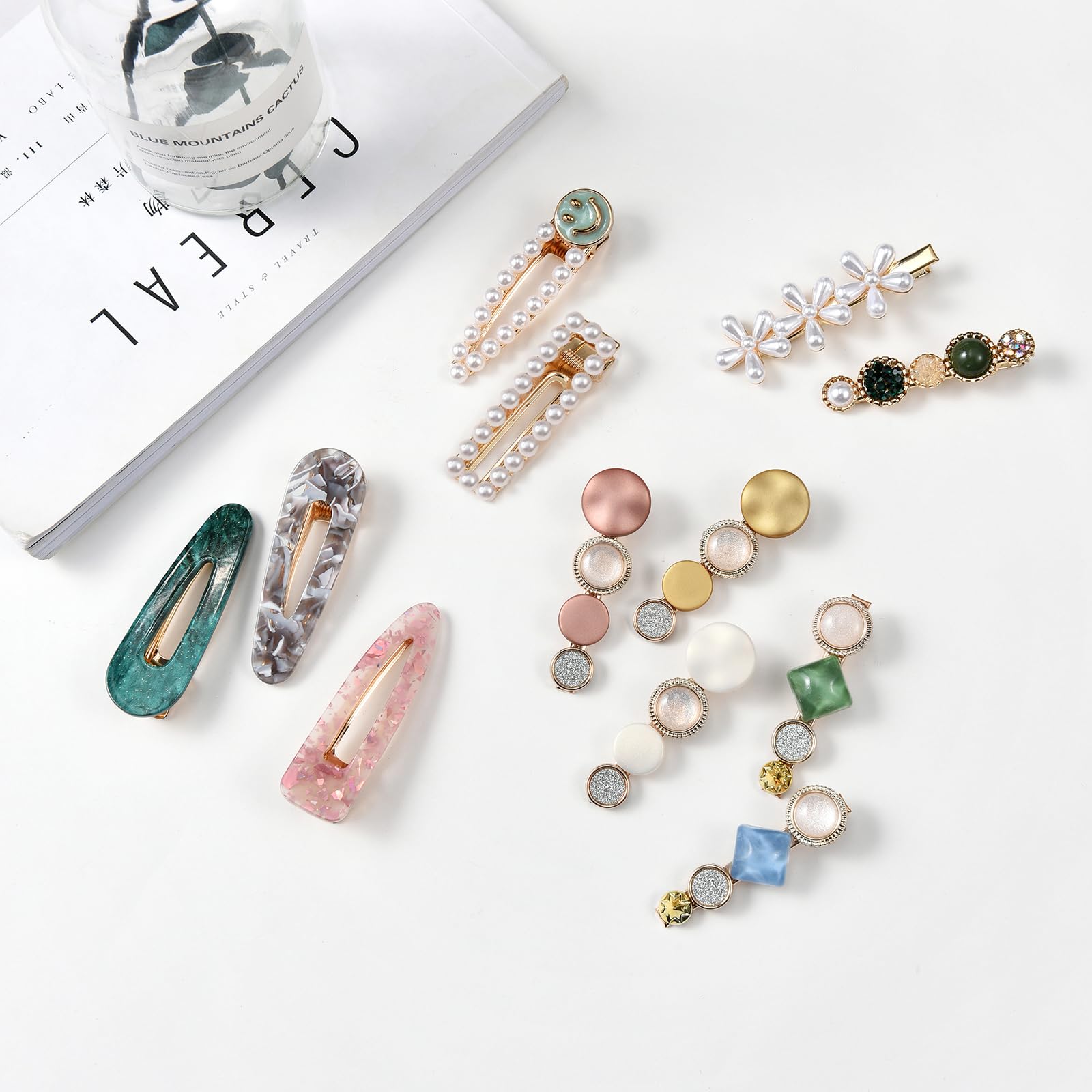 20 PCS Handmade Pearls & Acrylic Resin Hair Clips - Elegant Gold Hair Barrettes, Marble Alligator Bobby Pins, Glitter Crystal Geometric Hairpins for Women & Girls | Perfect for Weddings, Parties, Prom & Daily Hair Styling