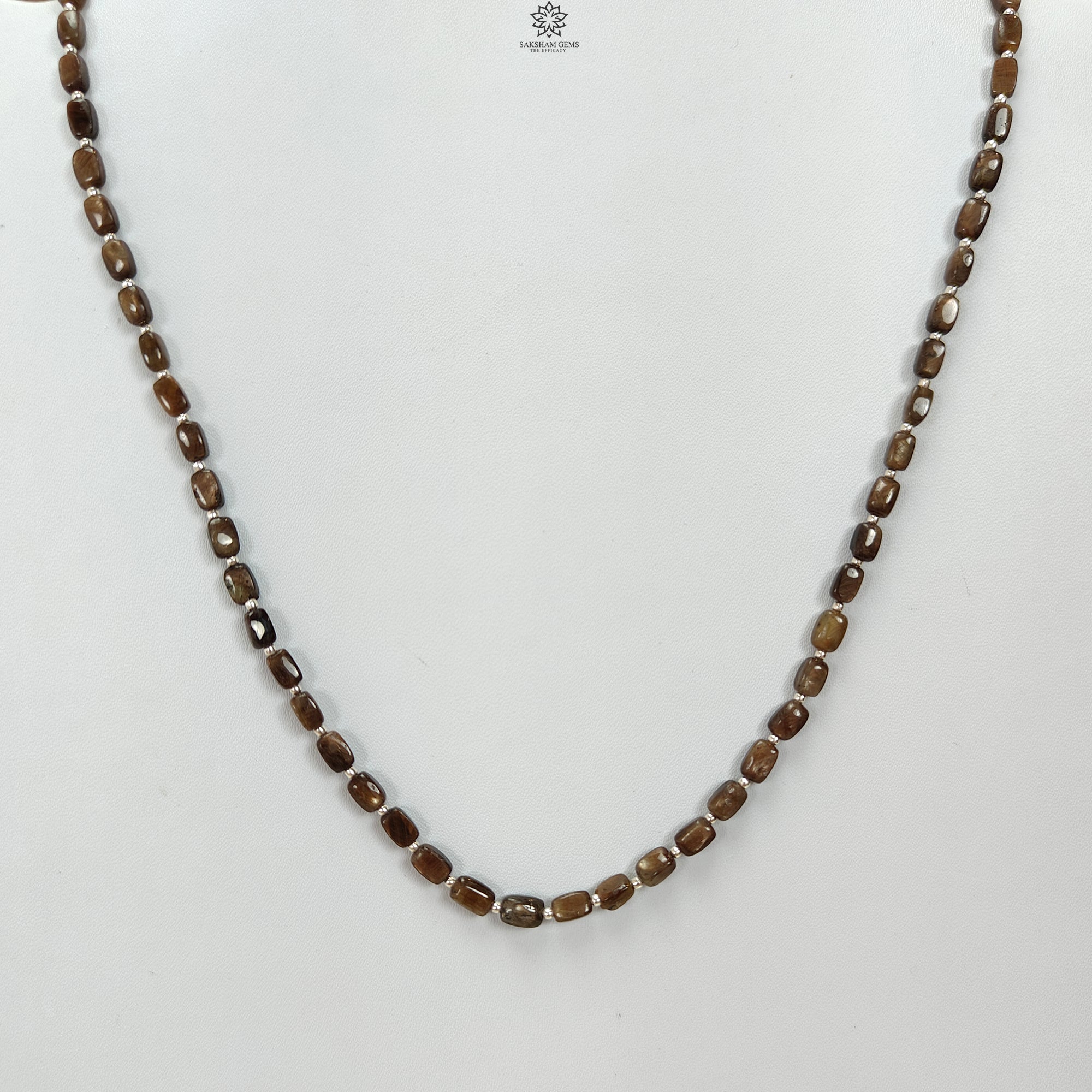 Golden Brown Chocolate Sapphire Gemstone Beads Necklace - 925 Sterling Silver Jewelry with Natural Cushion Cut Sapphires (5x3mm & 6x4mm) - 14.26g Elegant Handmade Necklace for Women, Perfect for Weddings, Parties & Special Occasions