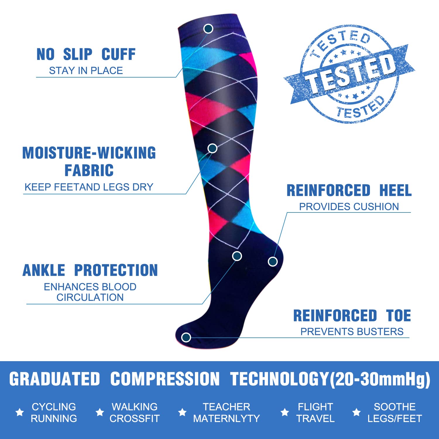 5/7 Pairs Compression Socks for Women & Men - Medical Grade Support Stockings for Running, Nursing, Travel & Circulation - Improve Blood Flow & Reduce Leg Fatigue (Ideal for Athletes, Nurses & Frequent Flyers)