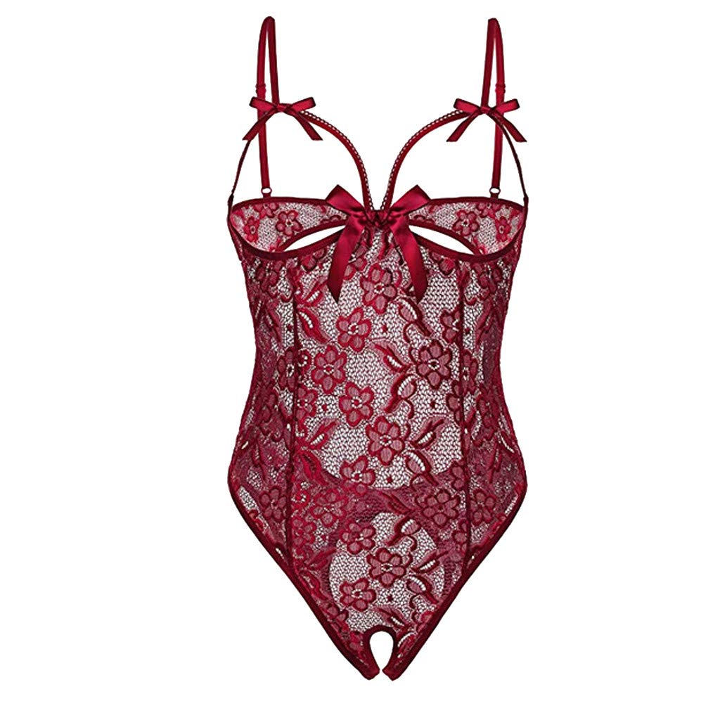 Sexy Lace Lingerie for Women - Valentine's Day Lace Pajama Set, One-Piece Gauze Underwear Intimates (Wine Red, Size S) - Perfect for Romantic Nights & Boudoir Photography