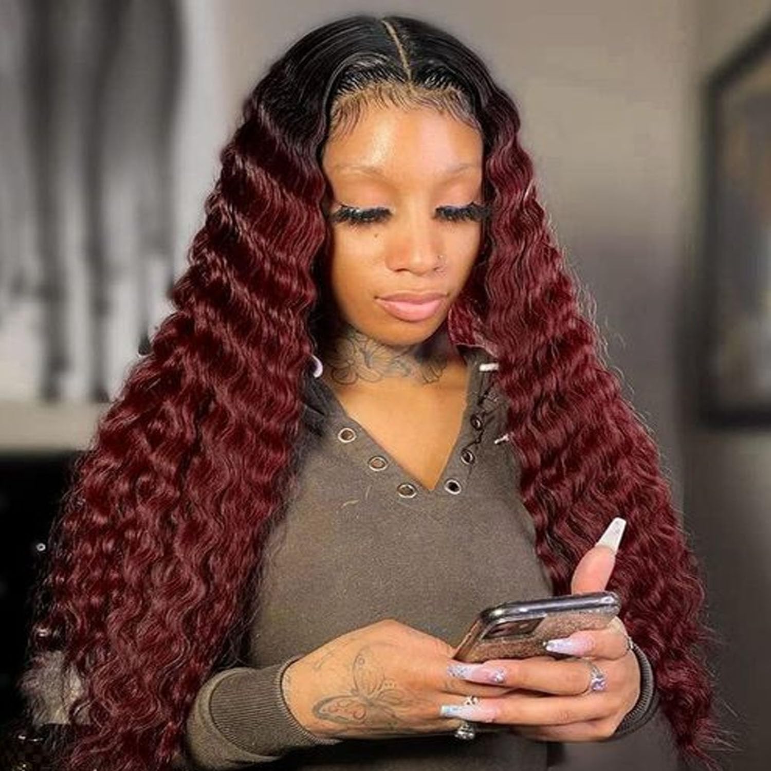 30 Inch Loose Deep Wave Synthetic Wig for Women - Long Curly Lace Front Wig with Simulated Scalp - Ombre Black Burgundy Color 1B/118 - Perfect for Cosplay, Parties & Everyday Glam