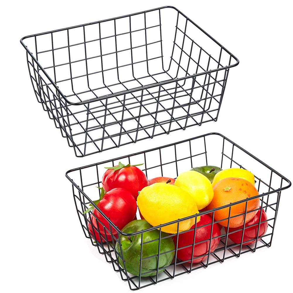 LeleCAT Wire Baskets with Handles - 2 Pack Black Metal Storage Bins for Pantry, Closet, Bedroom & Office Organization - Space Saving Home Decor & Storage Solution