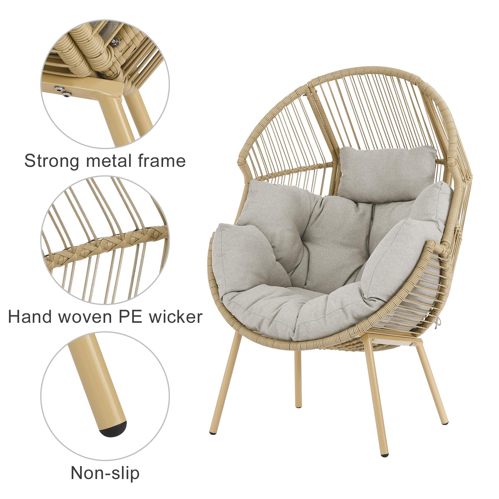 Outdoor Wicker Ottoman with Thick Cushion - Rattan Footrest Stool for Patio, Porch, Garden - Yellow/Beige - Perfect for Relaxing in Backyard or Outdoor Living Spaces