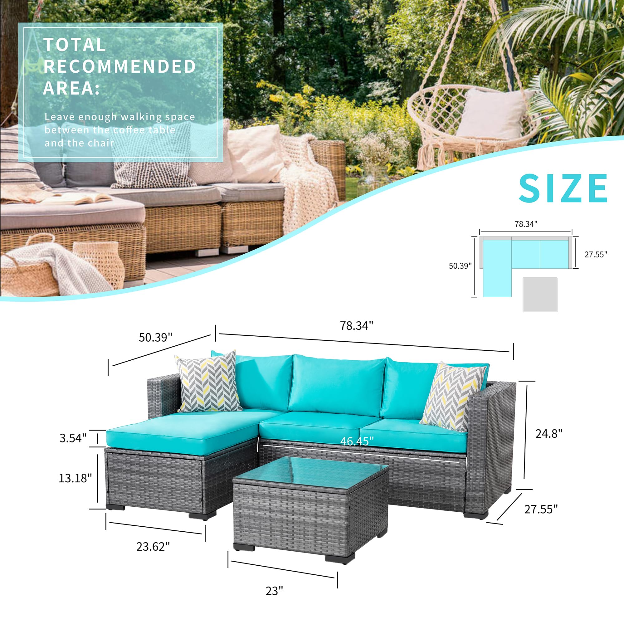 **JAMFLY 3-Piece All-Weather Wicker Patio Furniture Set - Outdoor Sectional Sofa with Coffee Table & Cushions, Sky Blue - Perfect for Backyard, Garden, Poolside & Patio Relaxation**