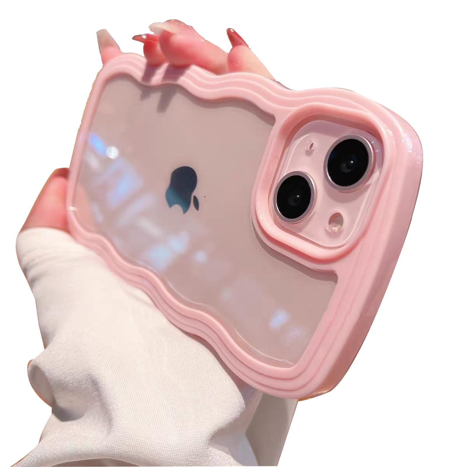 iPhone 15 Plus Clear Cute Curly Wave Frame Case - Shockproof Soft Protective Phone Cover for Women & Girls (Pink) - Perfect for Everyday Use, Work & Travel